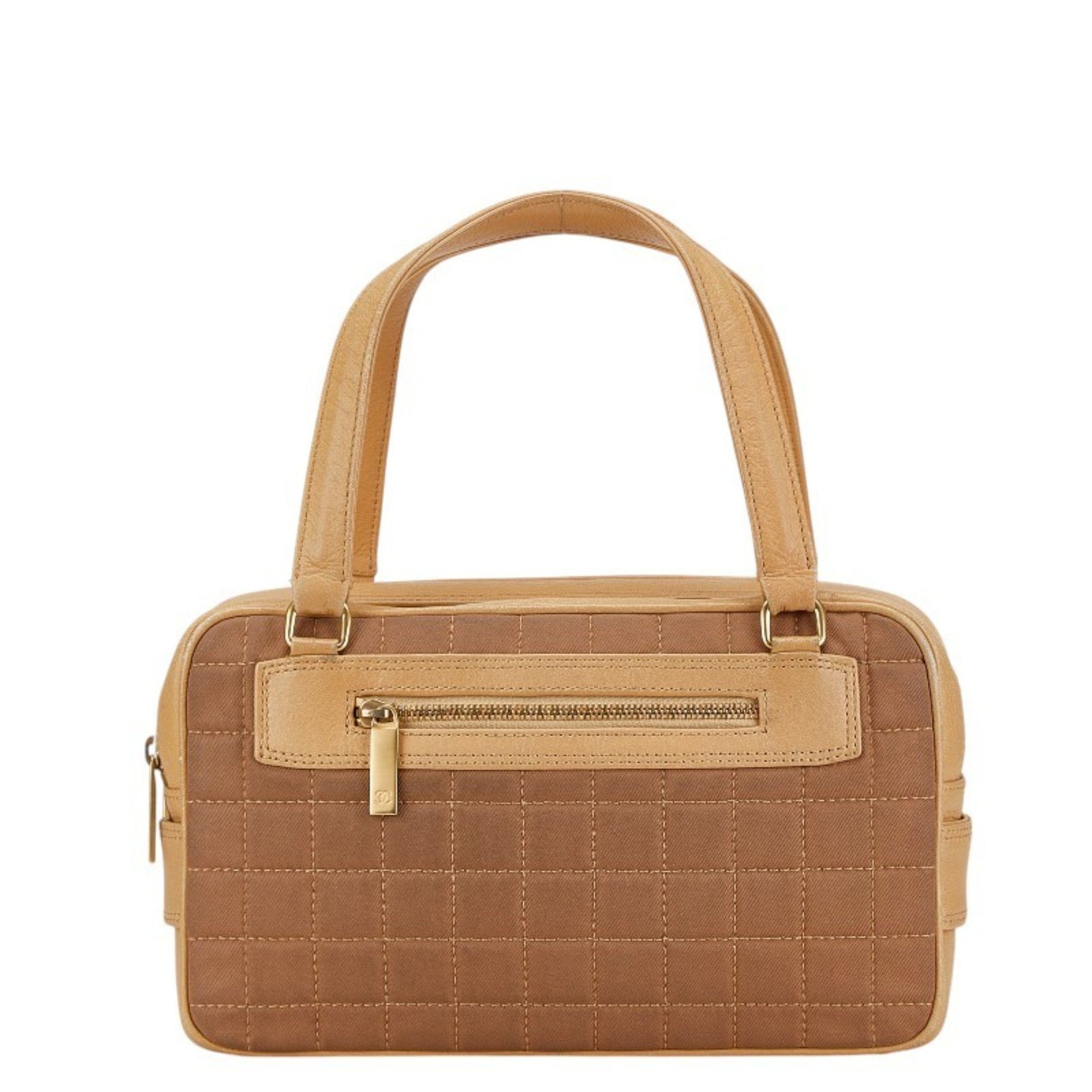 Chanel Chocolate Bar Handbag Beige Brown Canvas Leather