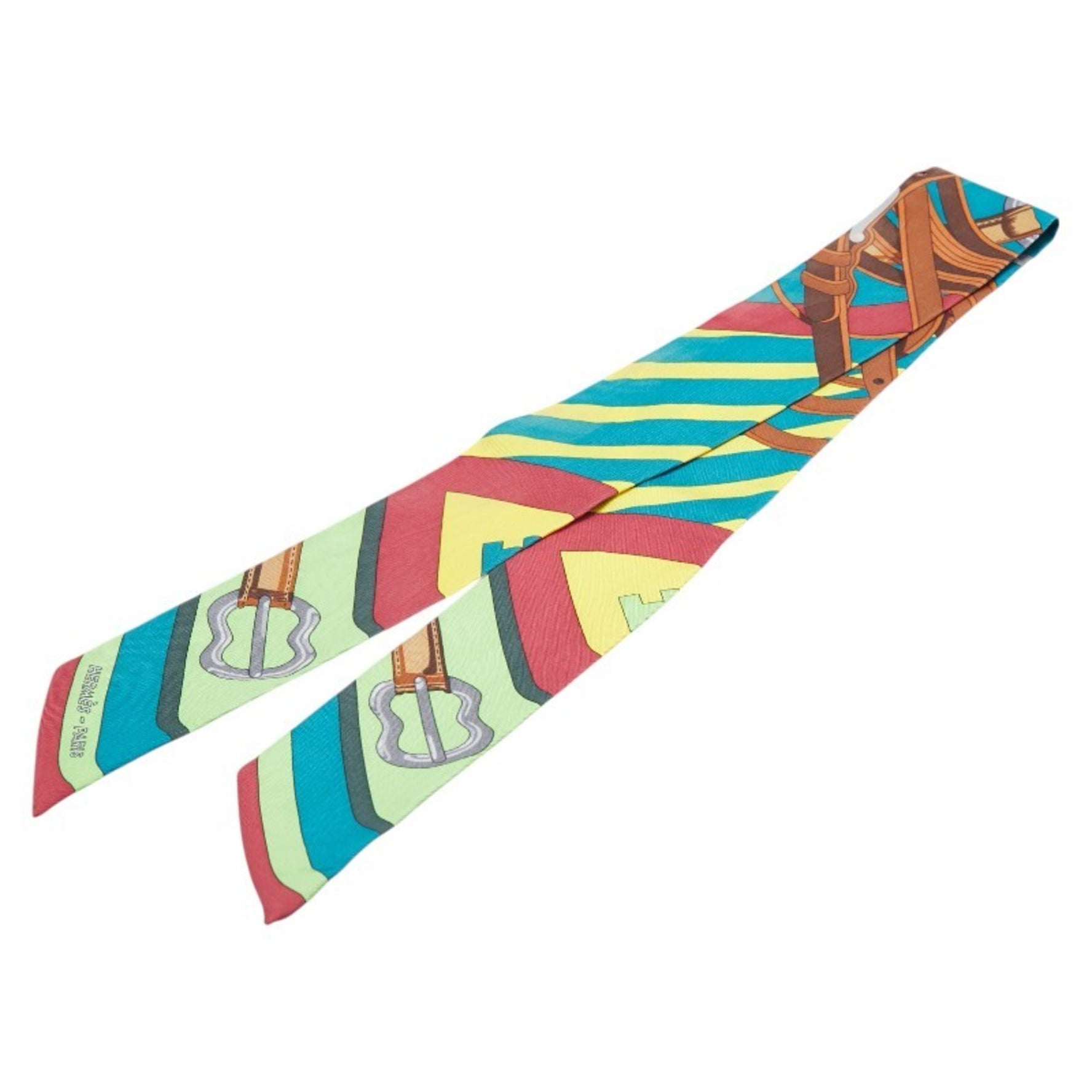 Hermes Twilly Coaching Scarf Muffler Green Multicolor Silk