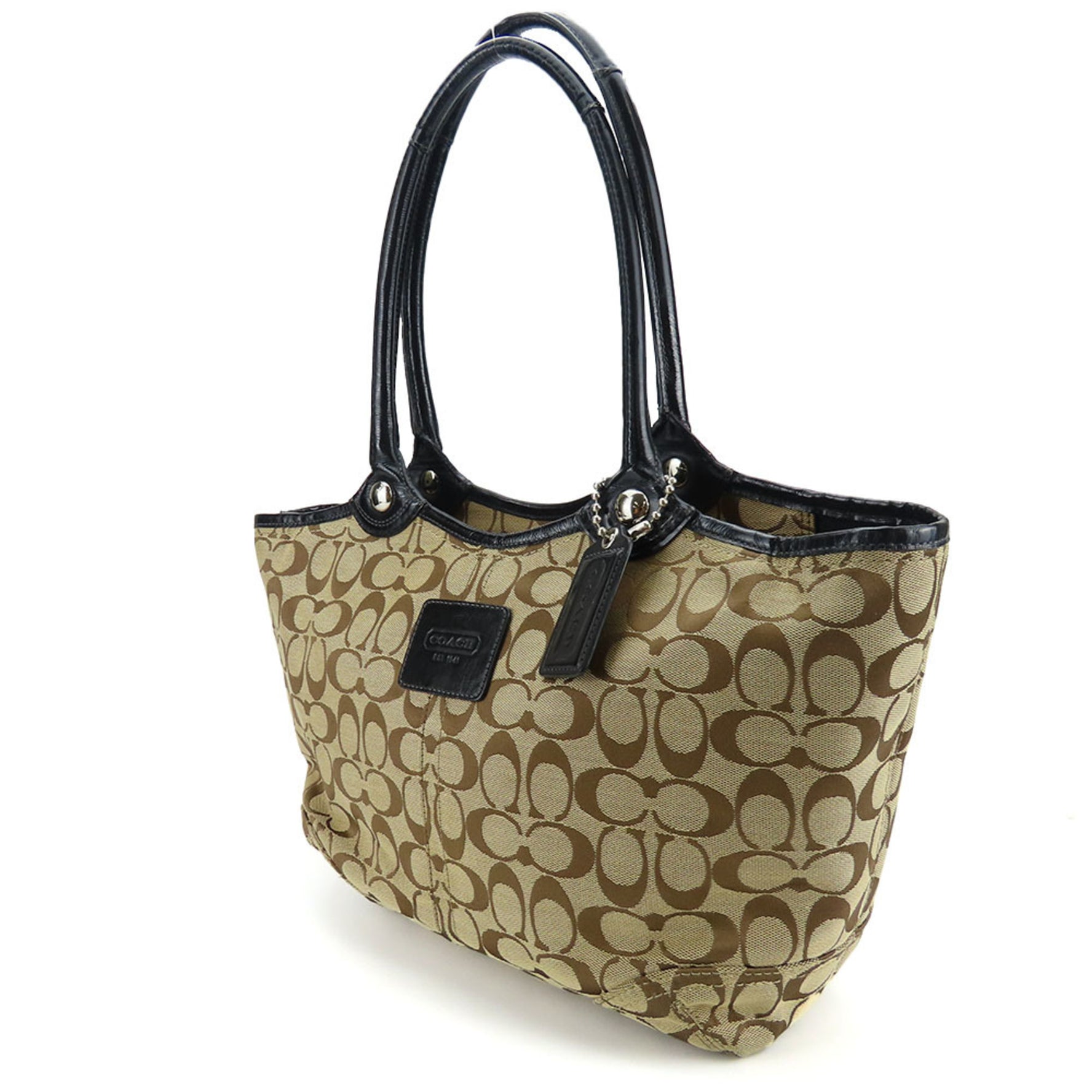 Coach Tote Bag Signature Canvas Patent Leather Beige Black