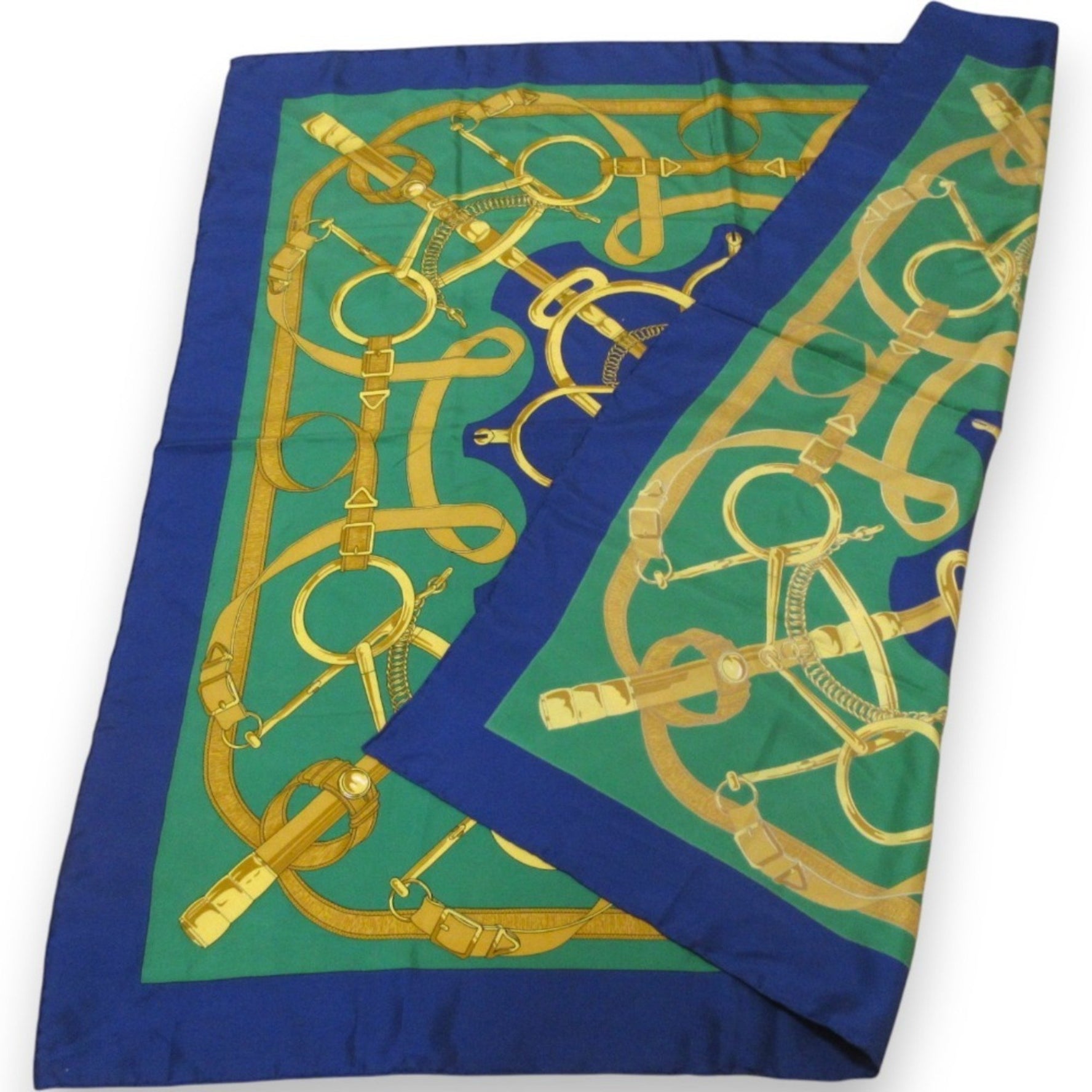 HERMES Carré 90 Apron d'Or Golden Spur 100% Silk Scarf/Muffler Green/Gold/Navy