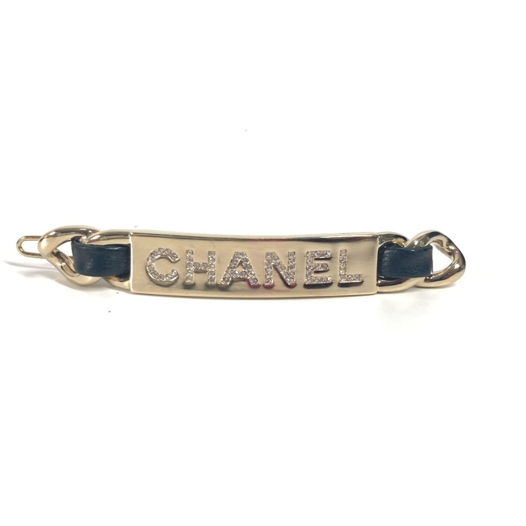 CHANEL Logo Rhinestone Hair Accessory Hairpin Barrette Metal Black