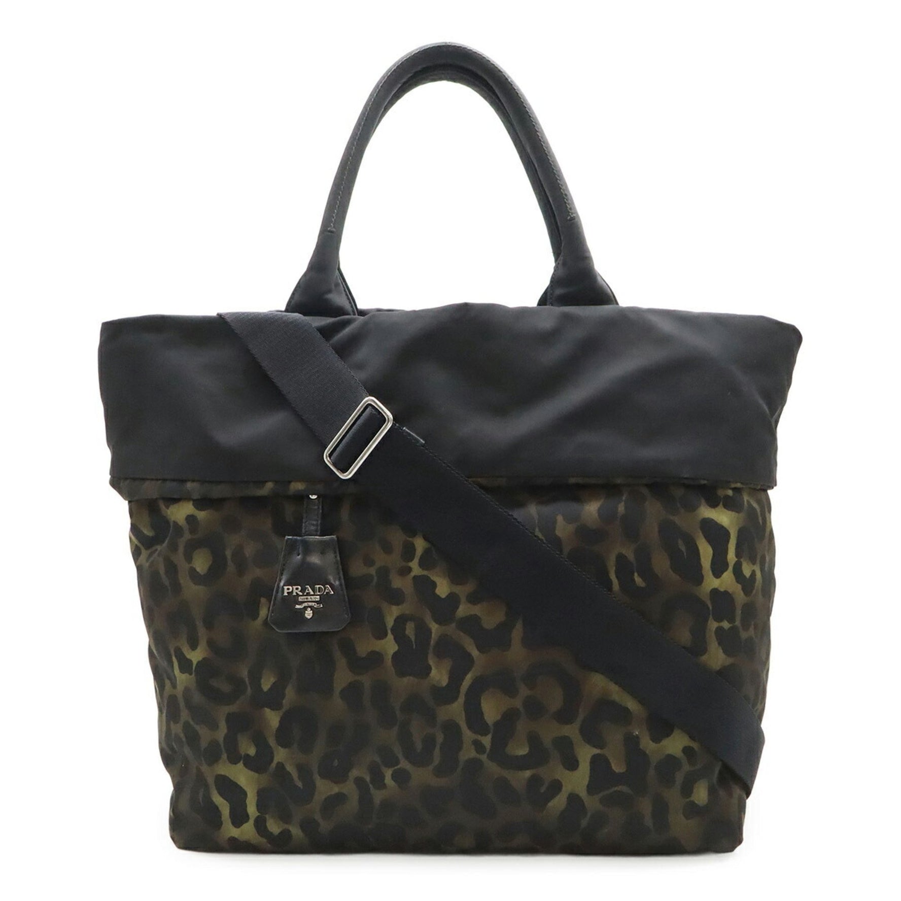 PRADA Reversible Leopard Print Camouflage Nylon Tote/Shoulder Bag in Green/Multi-Black