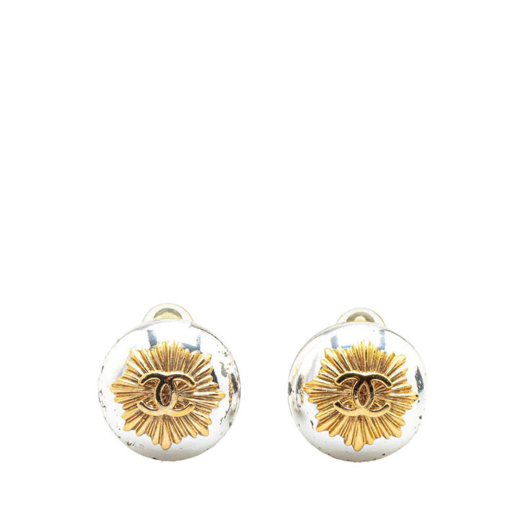 Chanel Coco Mark Earrings Silver Gold Metal Plated