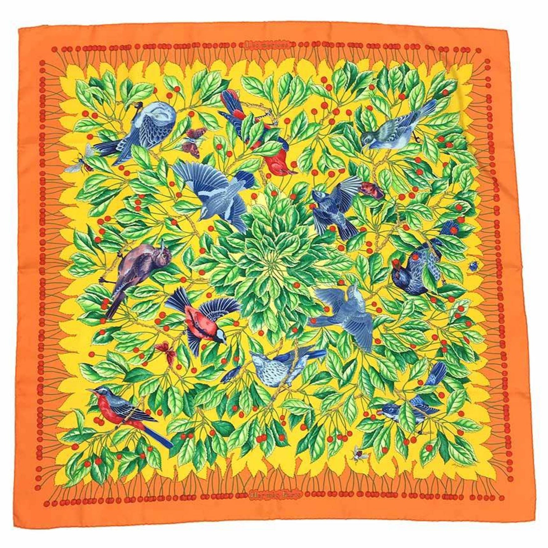 HERMES Scarf Muffler Carre 90 Les merises Cherries Bird 1993 Silk Orange x Yellow