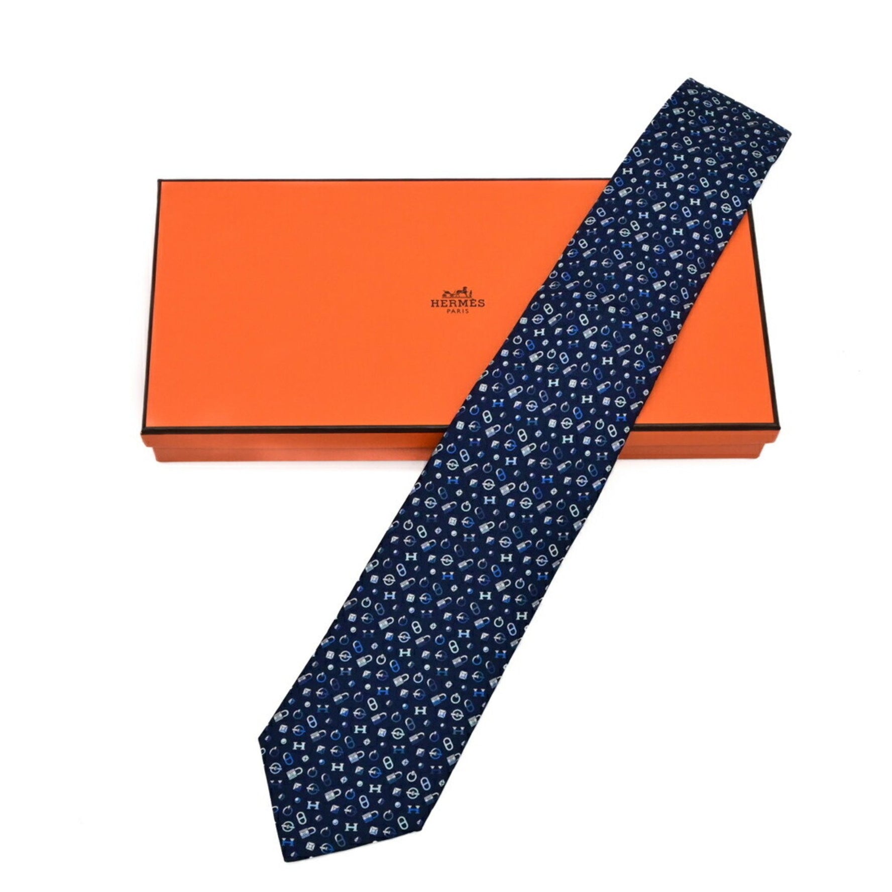 HERMES Necktie Padlock Chaine d'Ancre Pattern 100% Silk