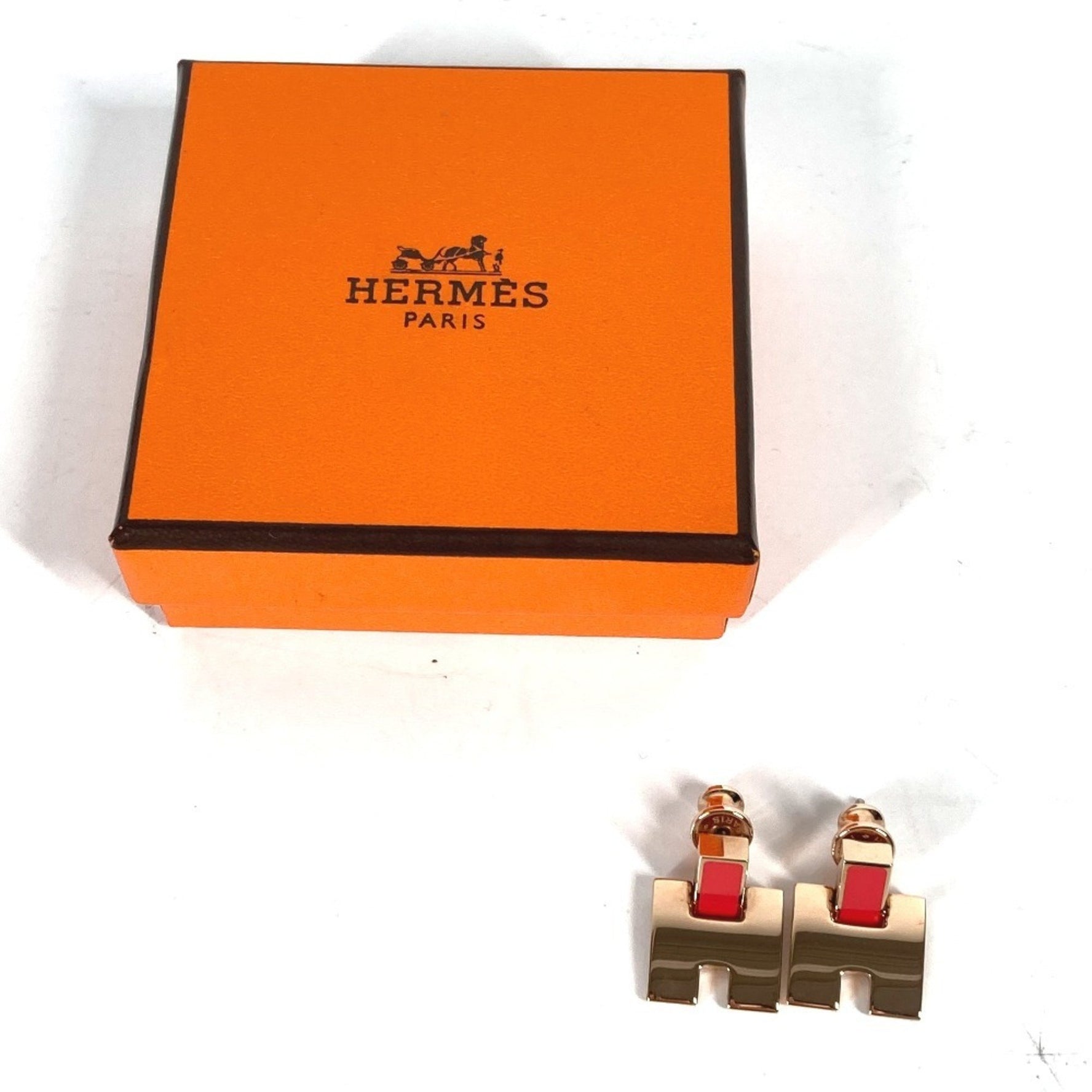 HERMES Irene H Logo Earrings, Metal, Pink