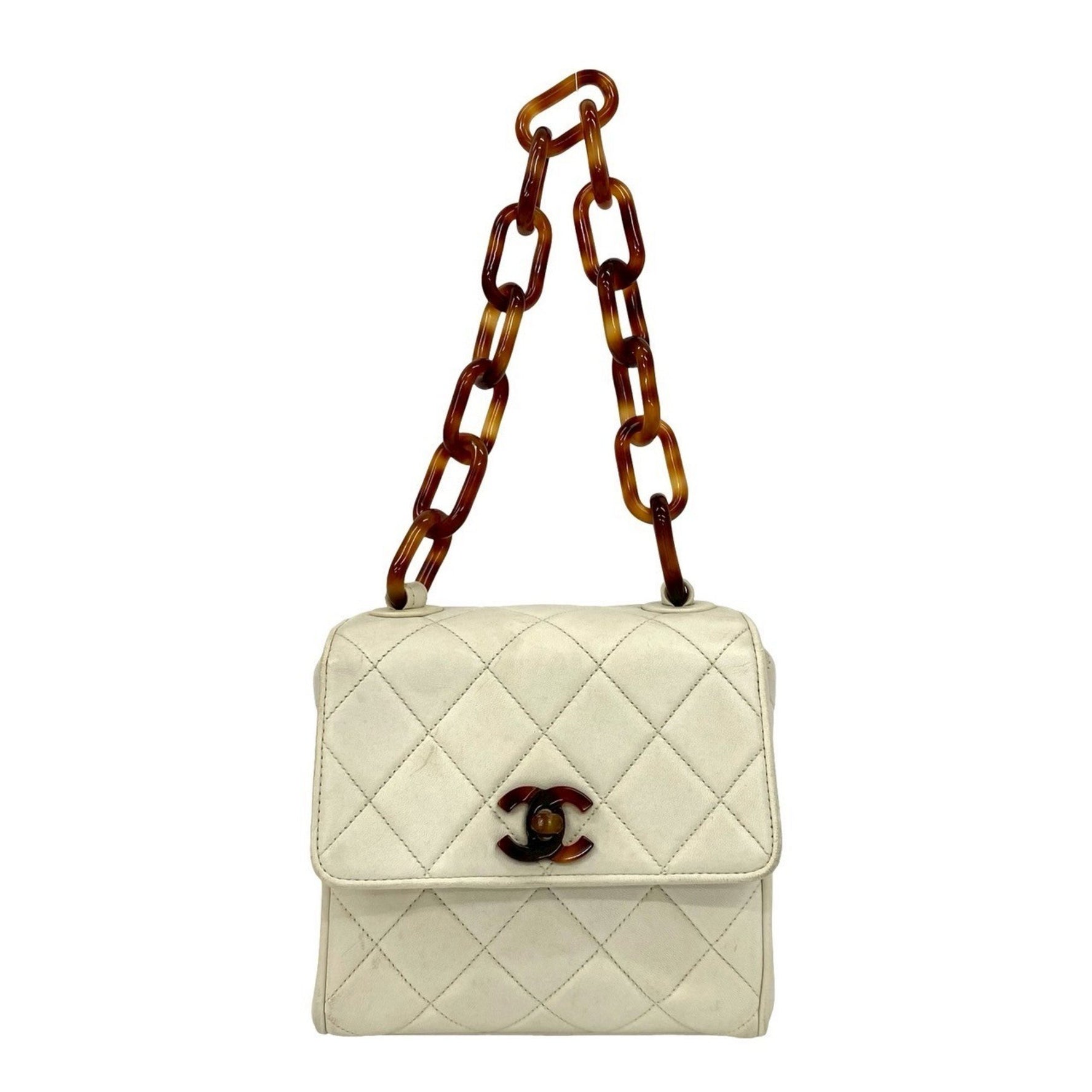 CHANEL Matelasse Coco Mark Lambskin Chain Mini Handbag in White and Brown