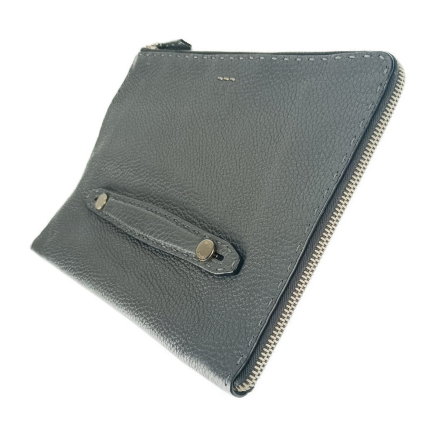 FENDI Clutch Bag Selleria Grey Leather Men's Second Pouch L-Shaped