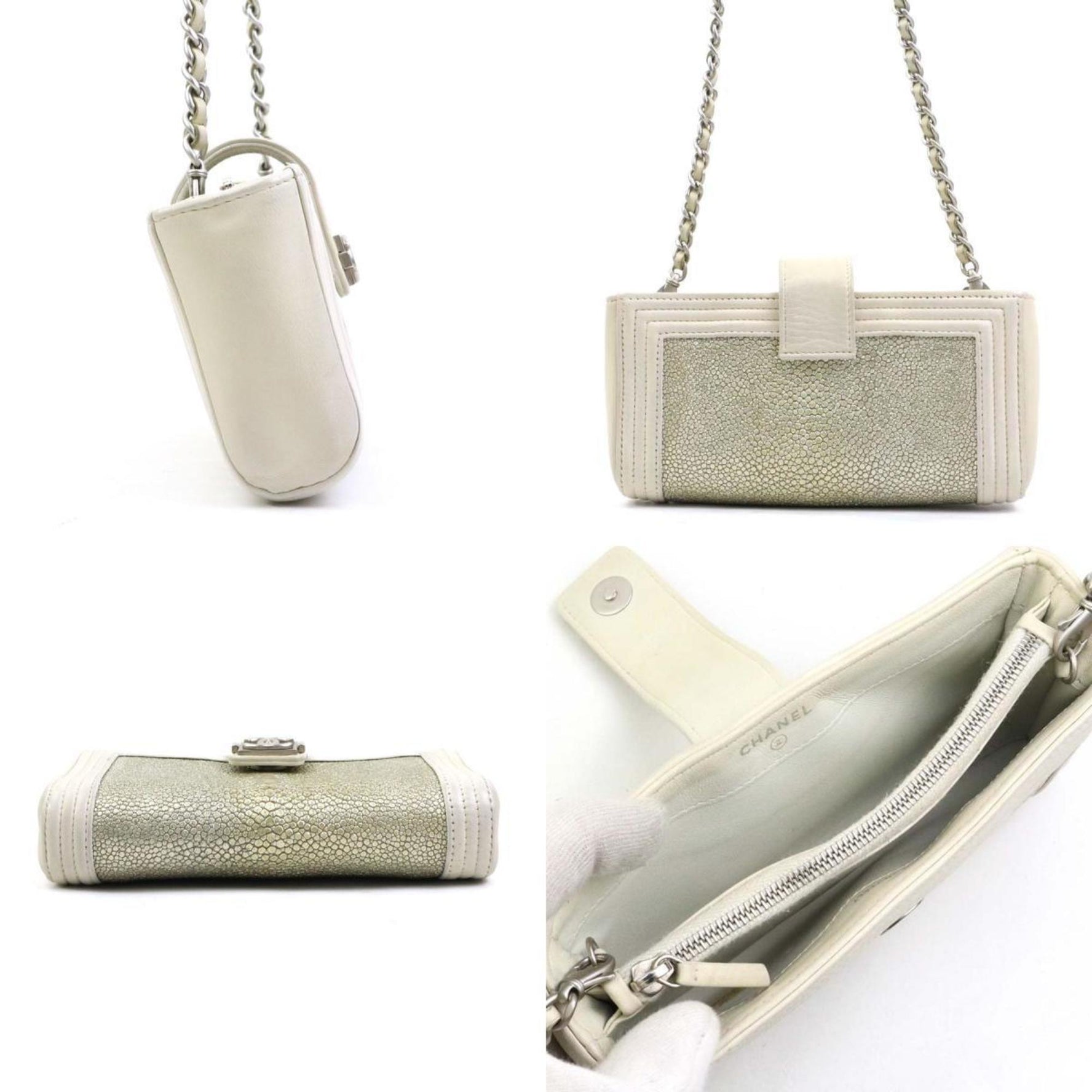 CHANEL Shoulder Bag Leather Galuchat Ivory Gold Silver