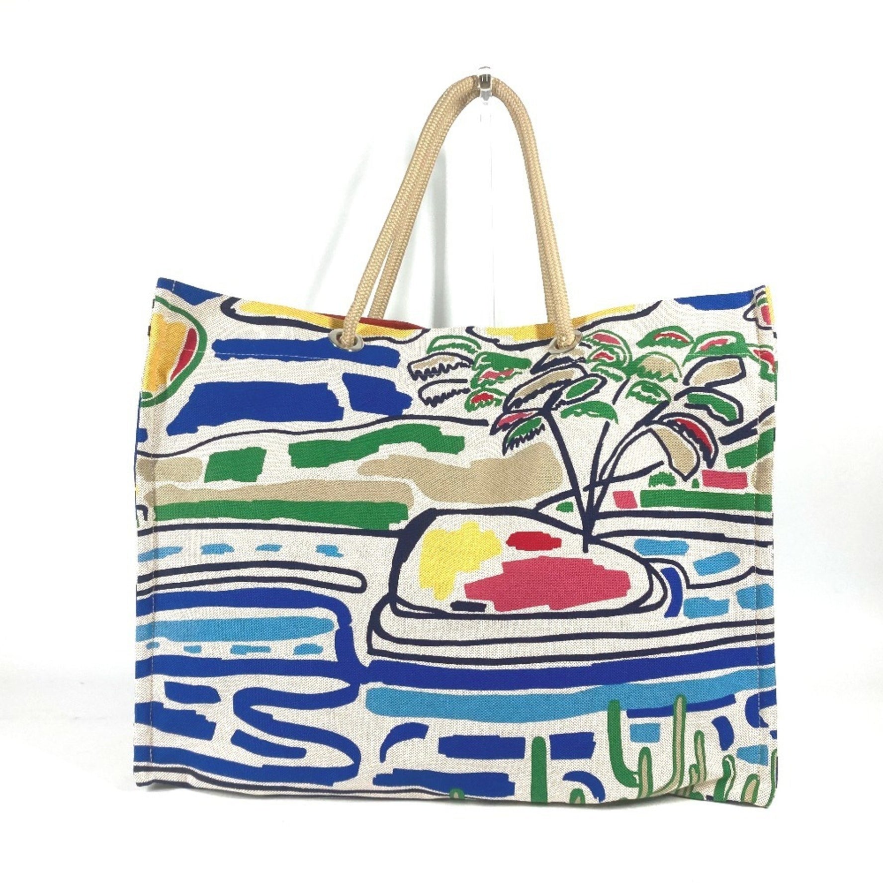 HERMES Beach Bag Farniente Tote Shoulder Canvas Rouge Jaune Multicolor