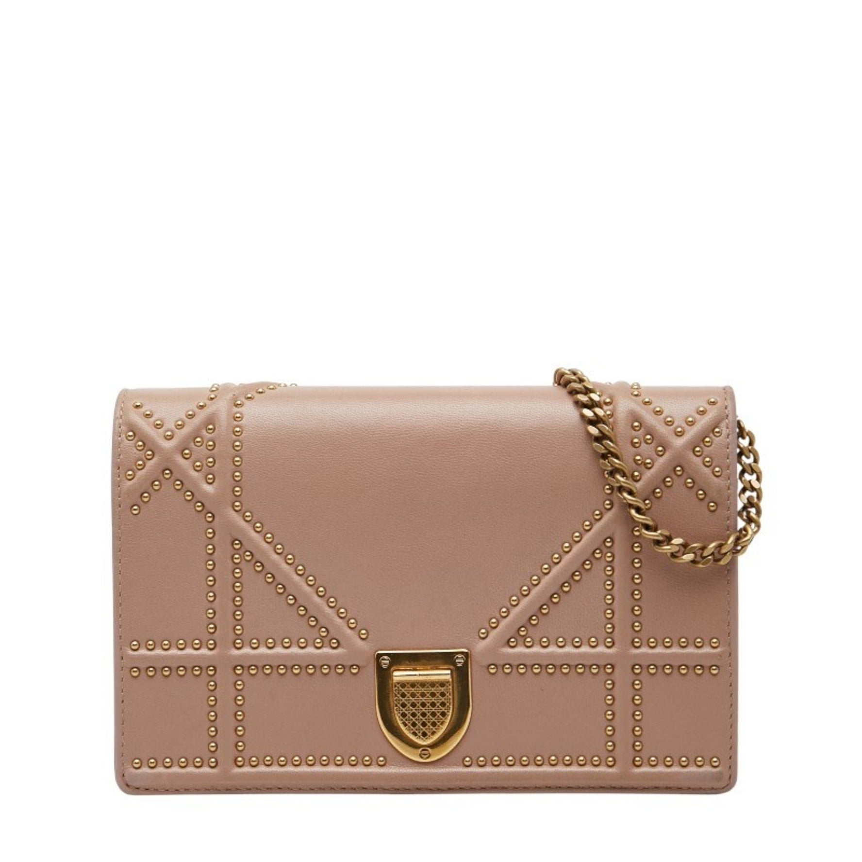 Christian Dior Dior Studded Diorama Crossbody Chain Wallet Shoulder Bag in Pink Beige Leather