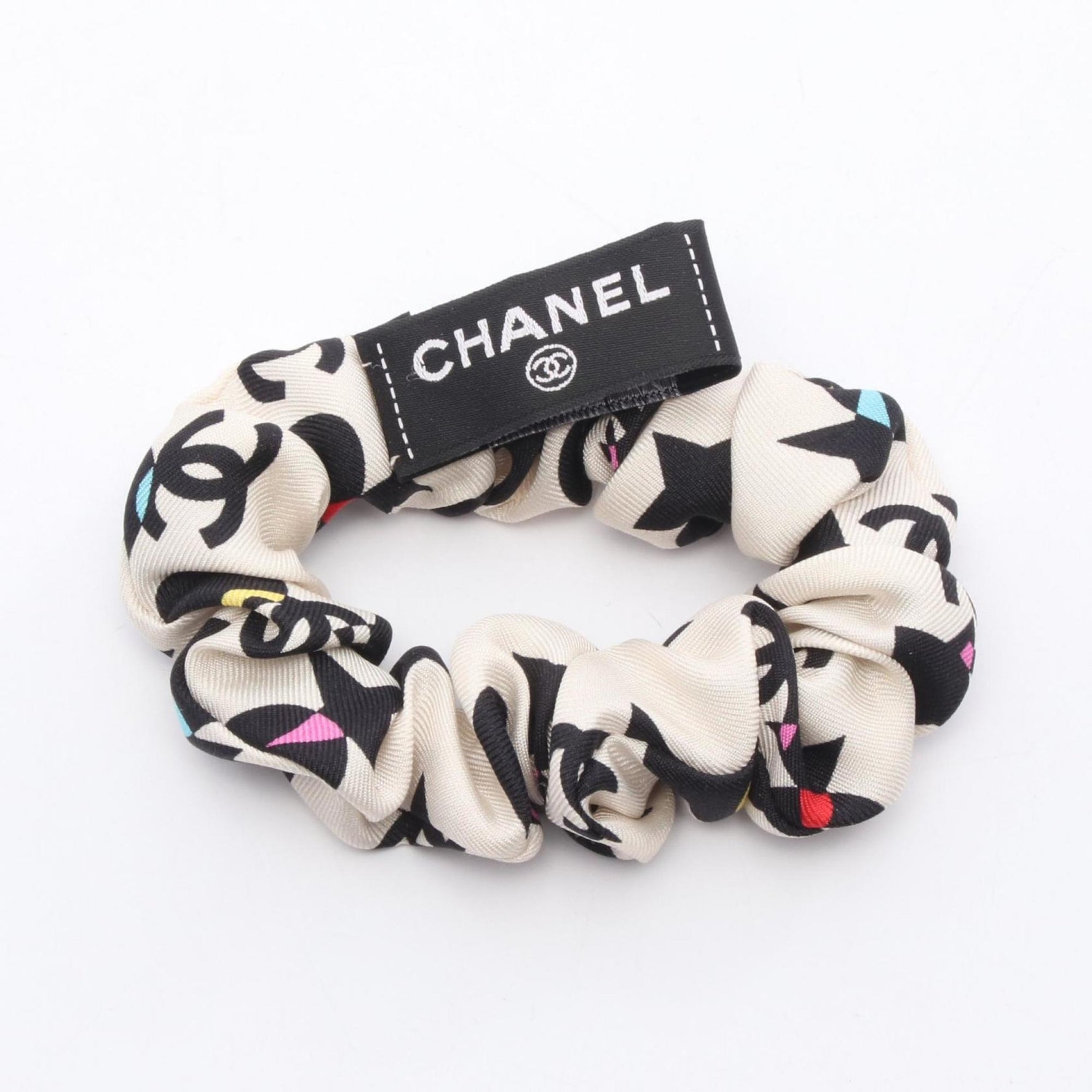 CHANEL Scrunchie Accessory, Silk, Ivory, Black, Multicolor
