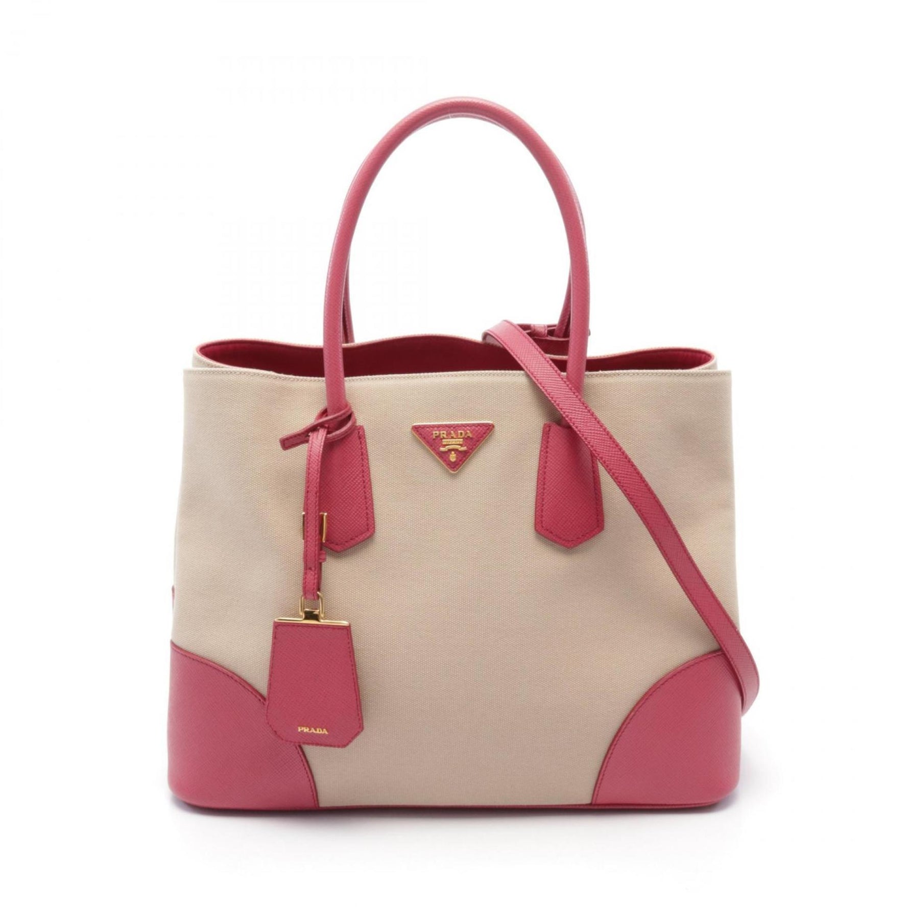 PRADA CANAPA+SAFFIANO Canapa Handbag Bag Canvas Saffiano Leather Women's Beige Pink B2756T