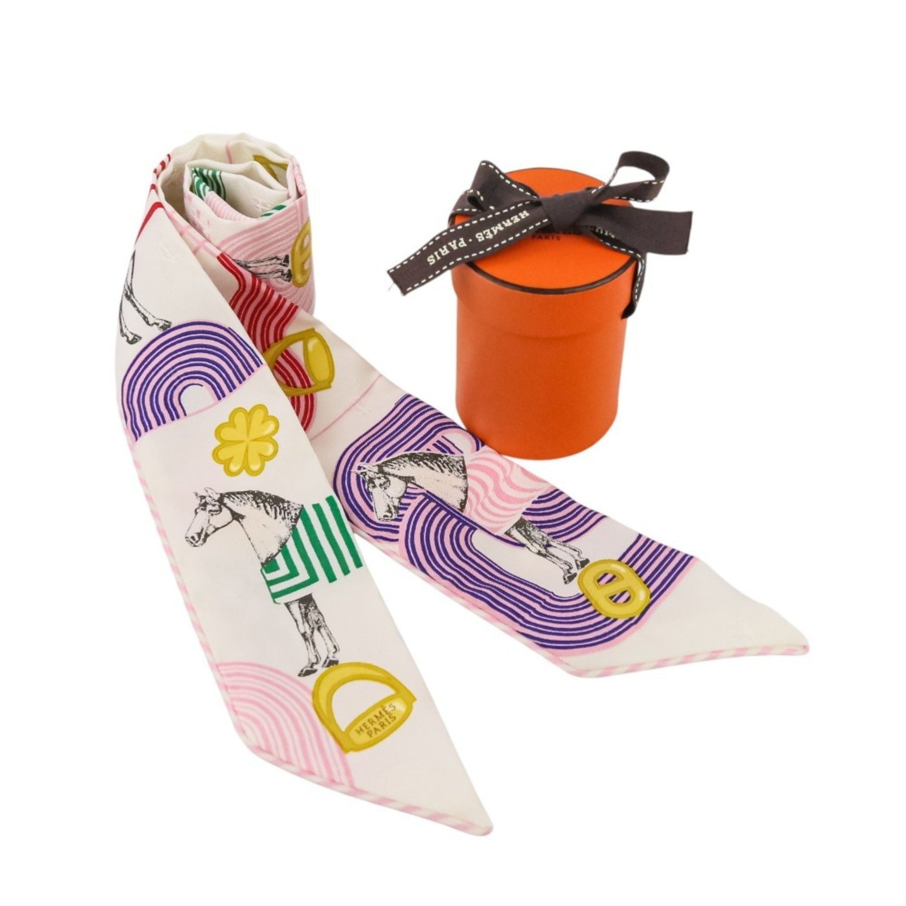 HERMES Twilly Garde Robe Pop Silk Scarf/Muffler in White and Multicolor