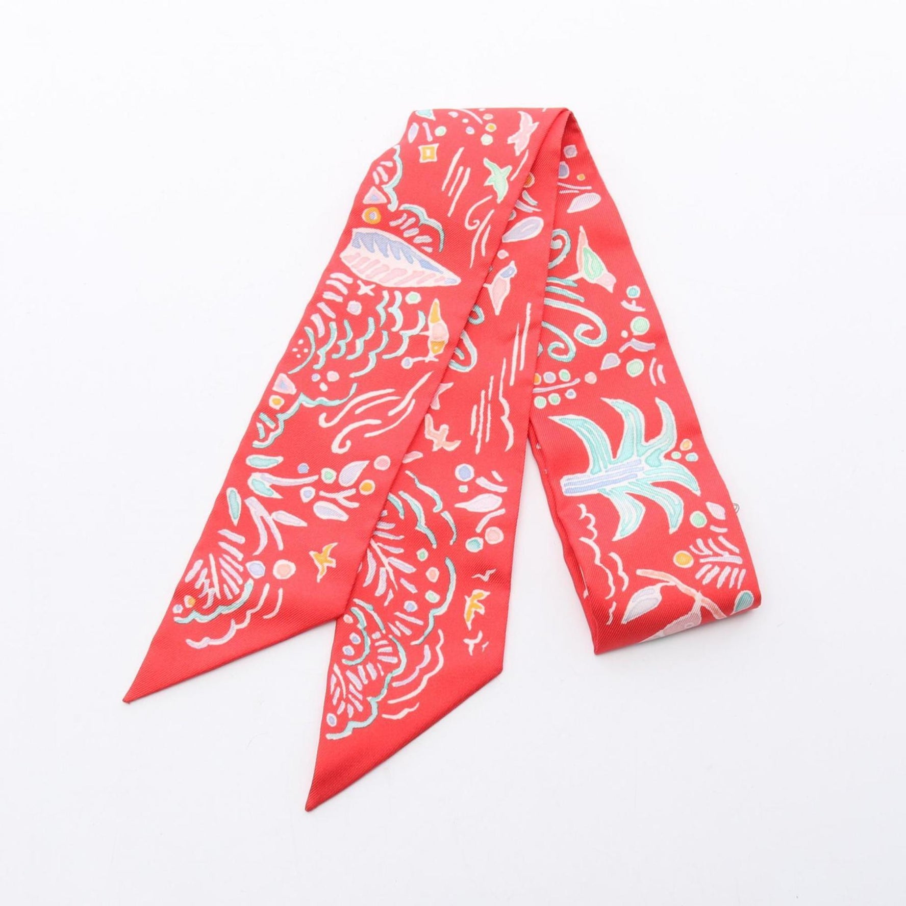 Hermes Twilly ISOLA DI PRIMAVERA Scarf Silk Red Multicolor