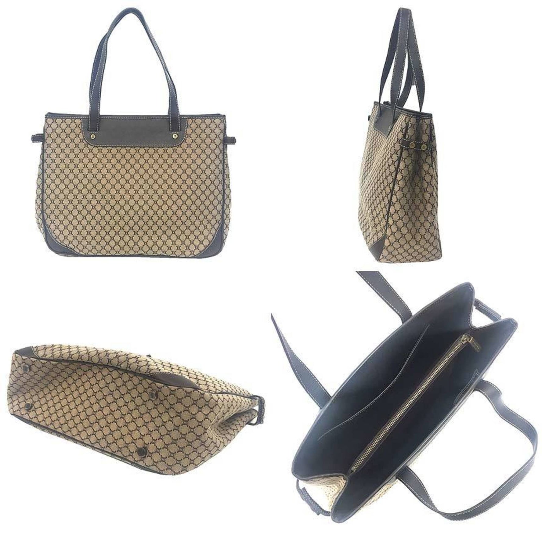 CELINE Tote Bag Macadam Canvas Leather Beige x Brown