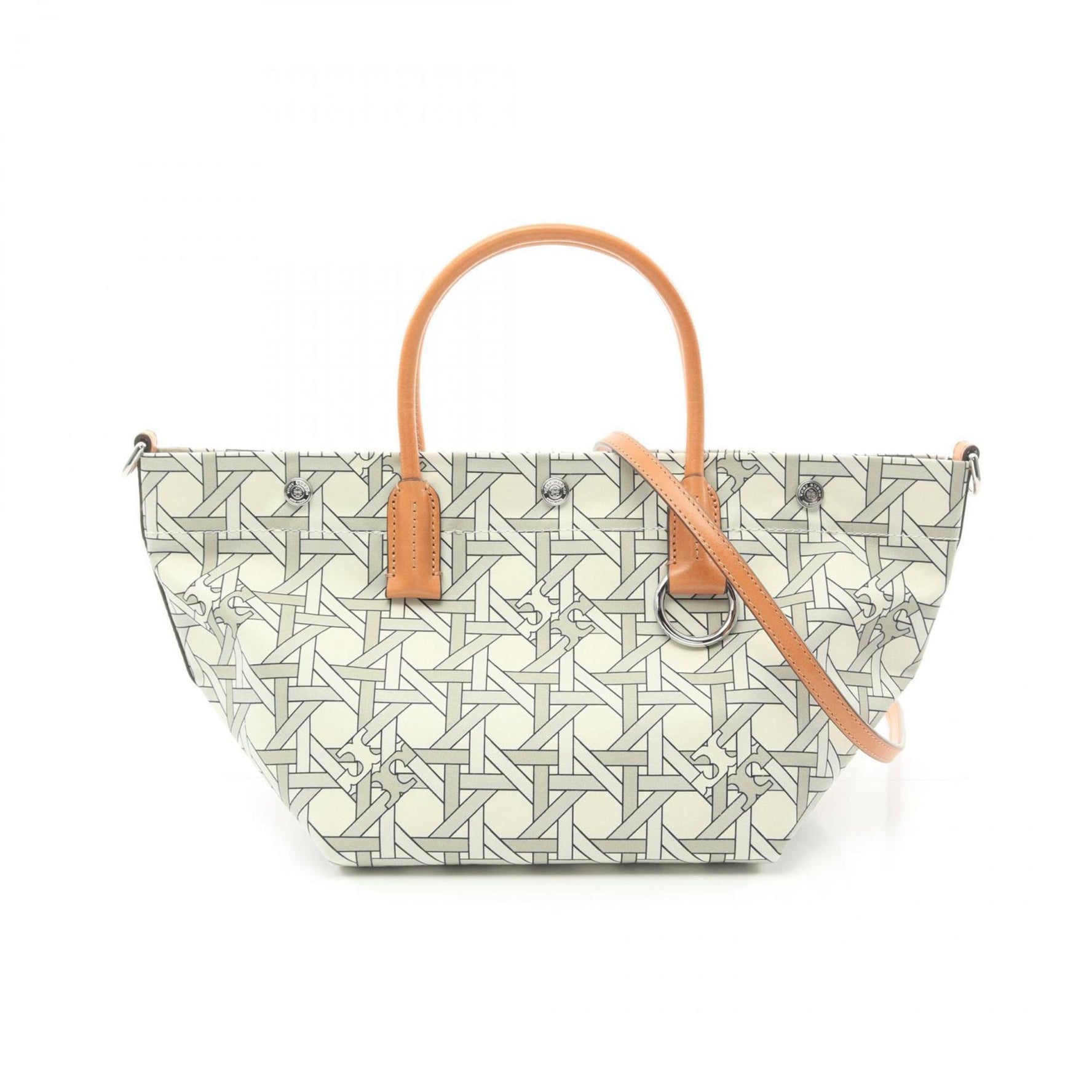 Tory Burch BASKET WEAVE Tote Bag Canvas Leather Beige Brown Multicolor
