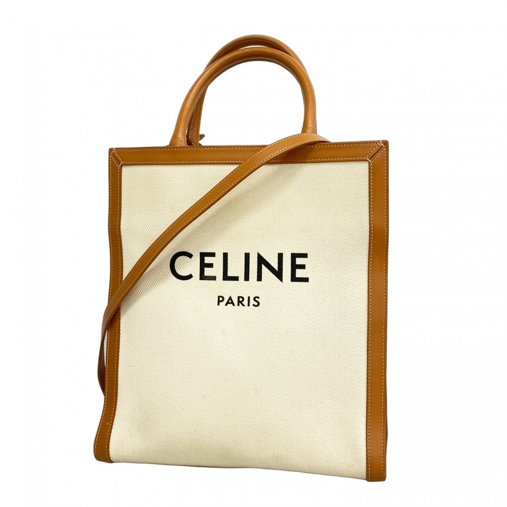 Celine Tote Bag Canvas Leather Light Brown White