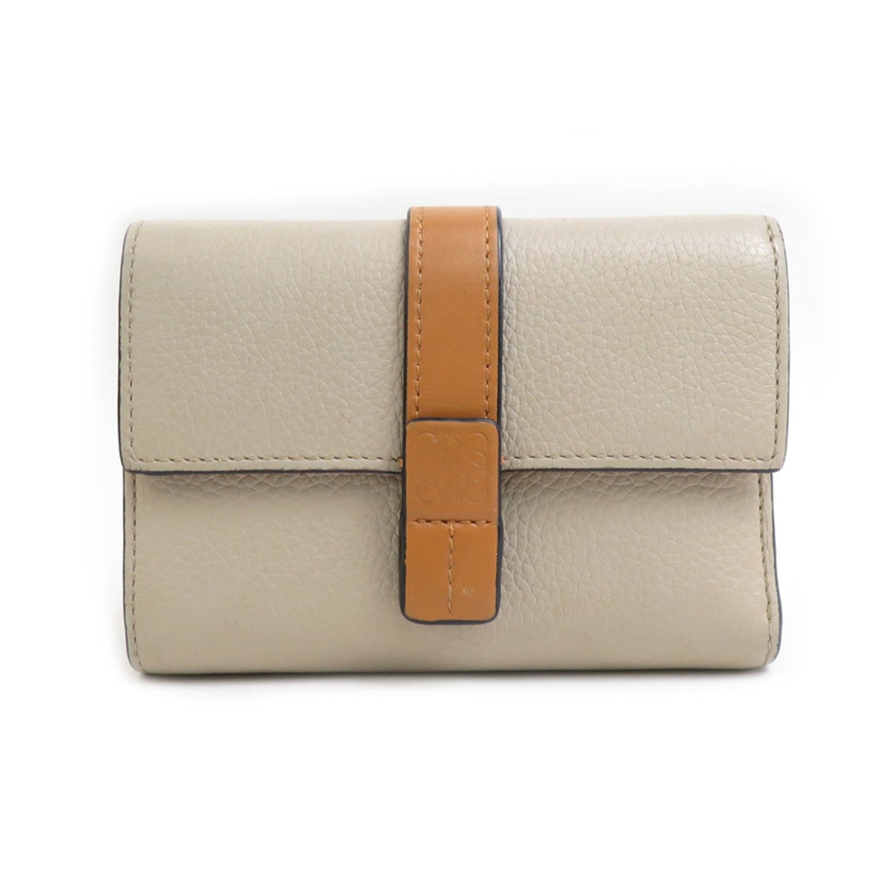 LOEWE Tri-fold Wallet Vertical Leather Greige Brown Pink