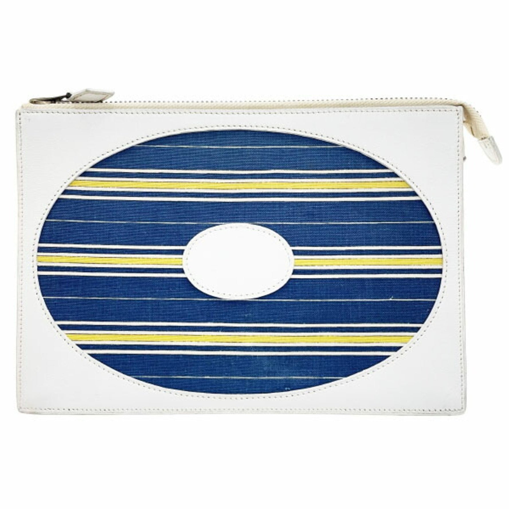Hermes Pouch Clutch Bag Leather Fabric Off-white White Blue ○E Stamp Border Second Handbag Wristlet Strap Included Multi