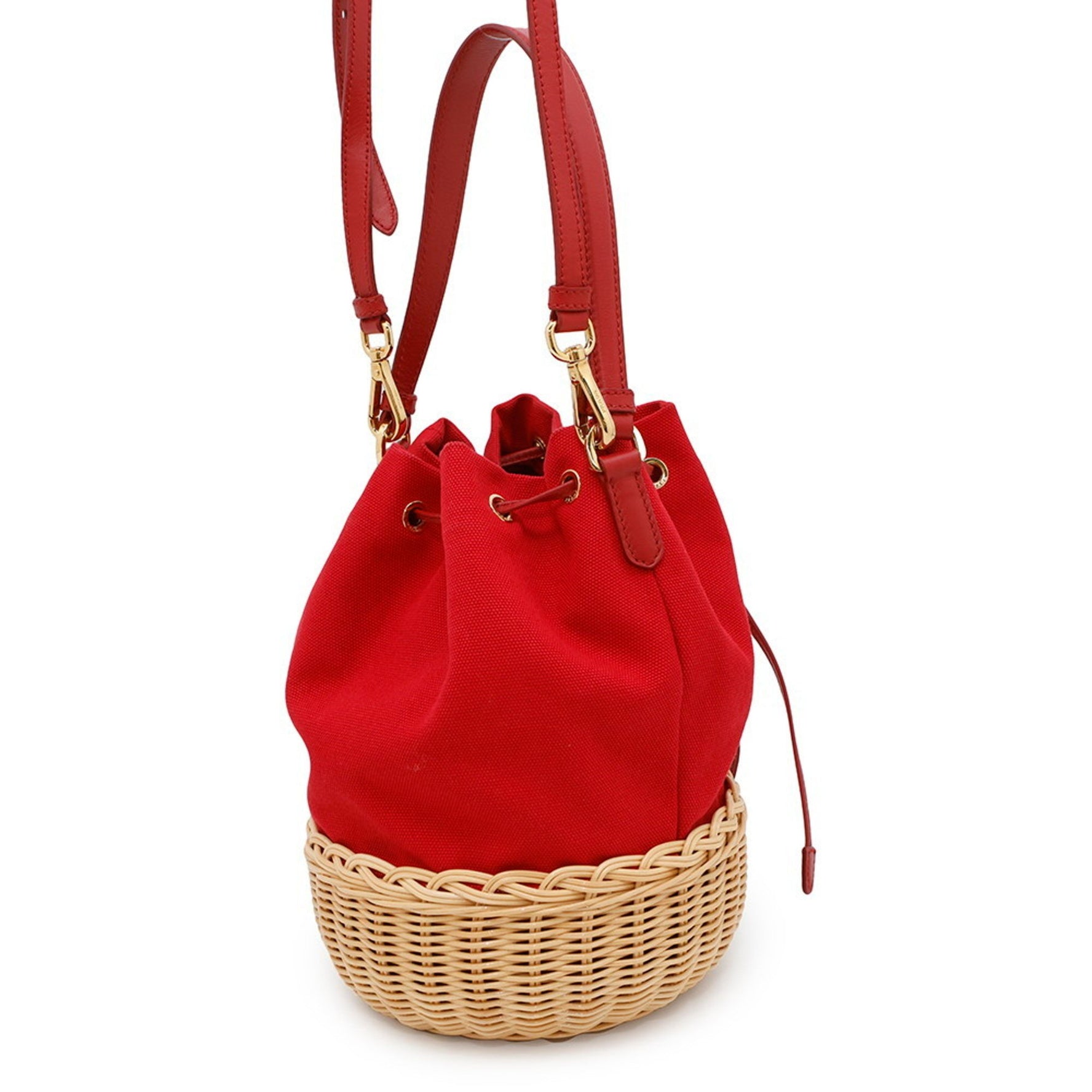 Prada Handbag Drawstring Bucket Bag Canvas Raffia 1BH115 PRADA 2-way