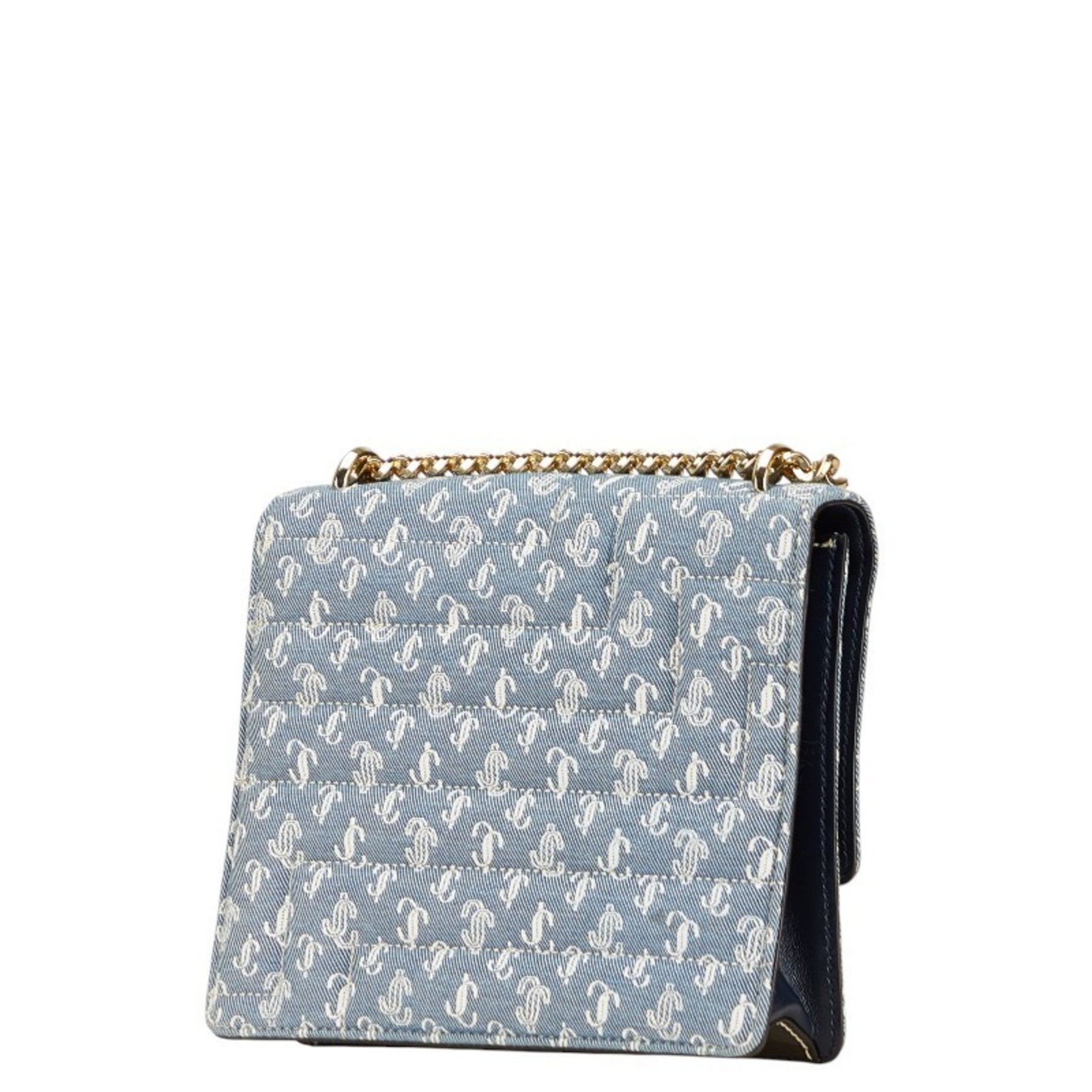 Jimmy Choo JC Monogram VARENNE AVENUE QUAD Denim Quilted Chain Shoulder Bag in Indigo Blue Cotton and Leather.