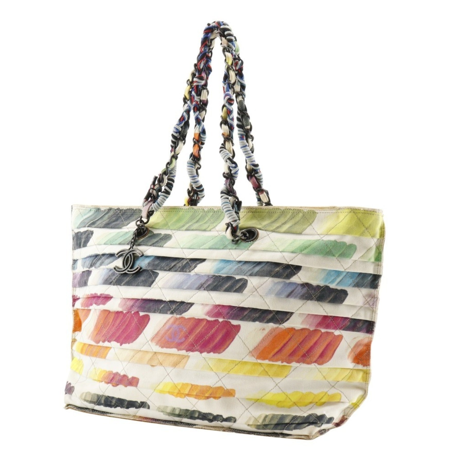 CHANEL Chain Tote Bag Colorama Coco Mark Canvas 2014 Multicolor/White