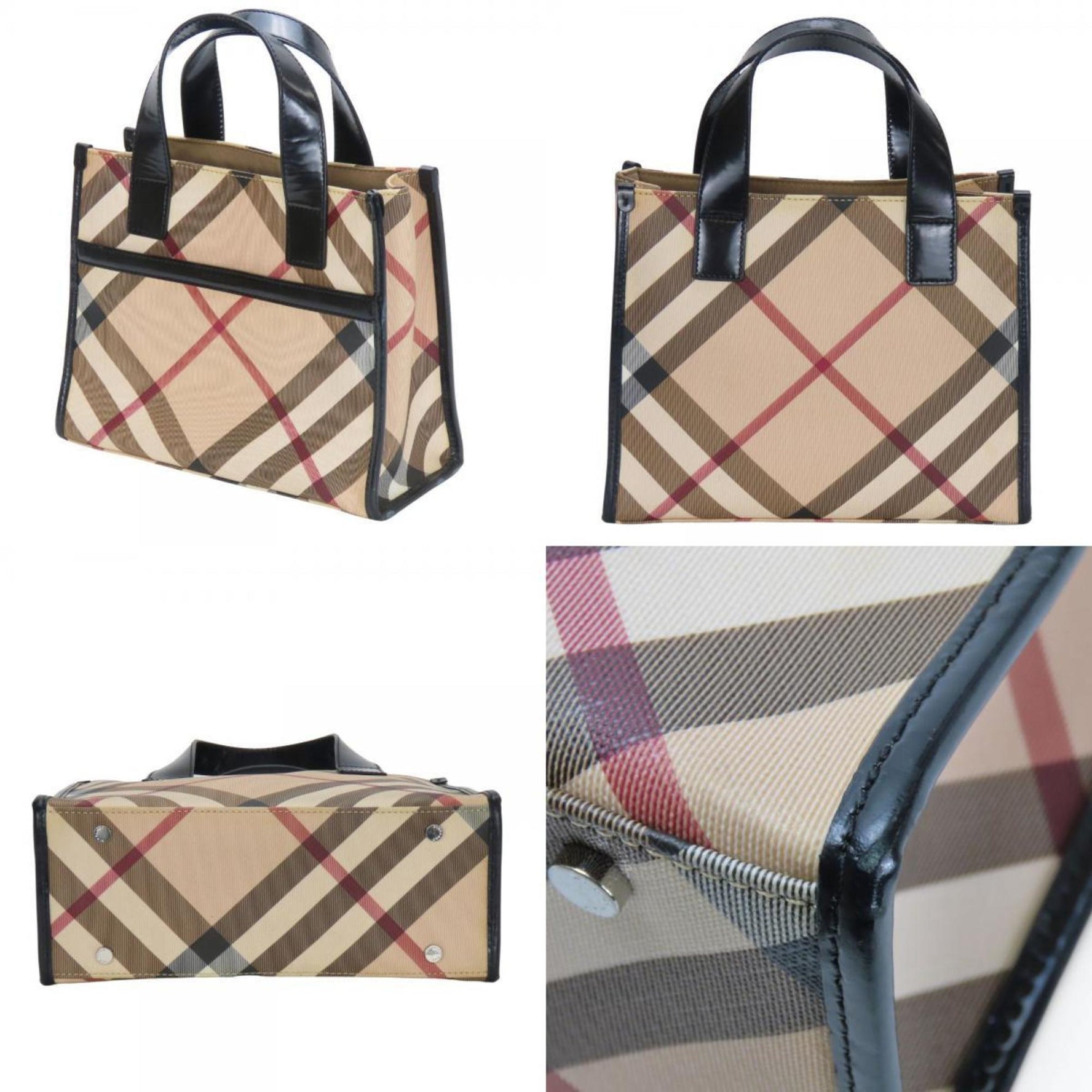 Burberry Nova Check PVC Leather Mini Handbag in Beige, Black, and Pink.