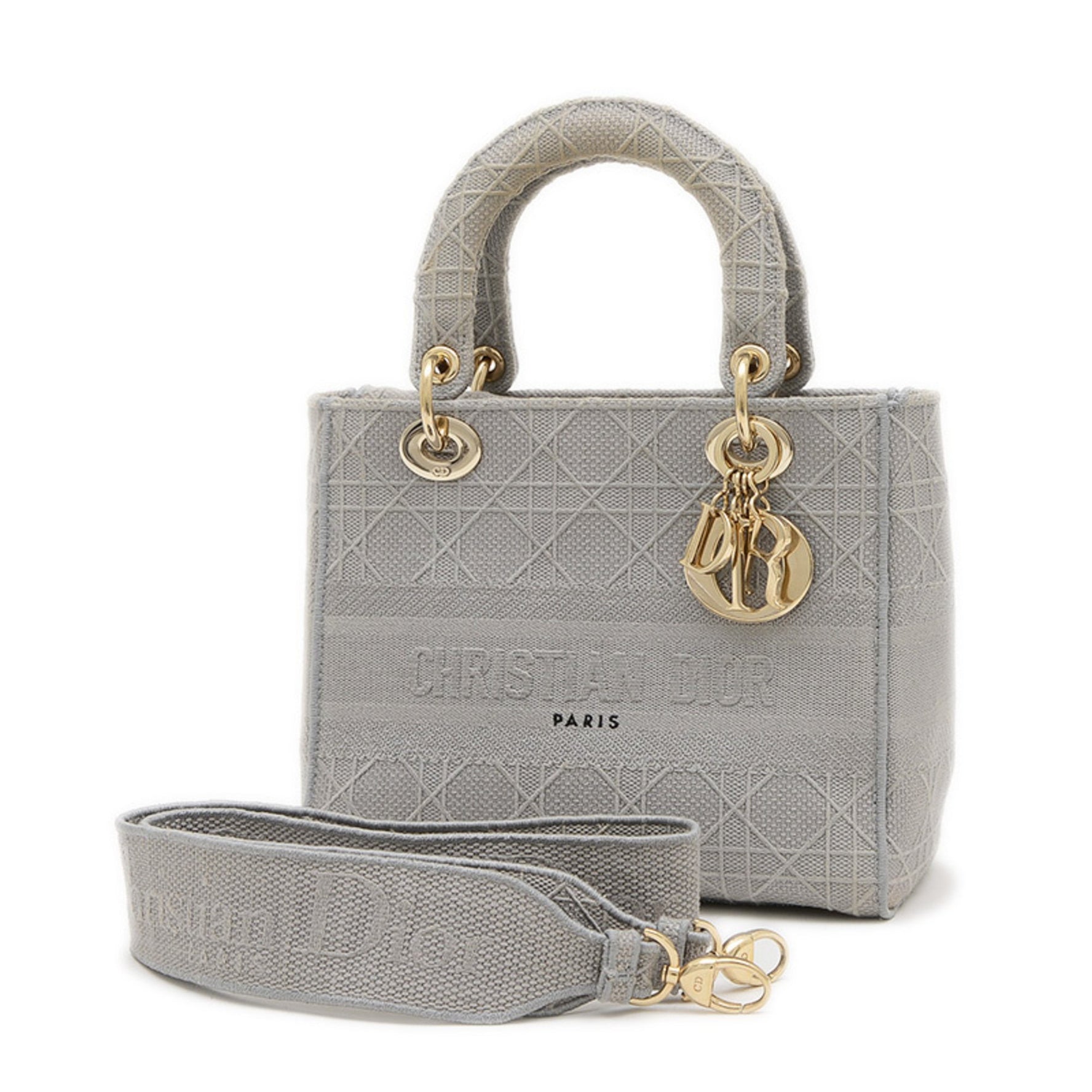 Christian Dior Dior Lady D-LITE Medium Bag Handbag Canvas Grey Gold Hardware BP