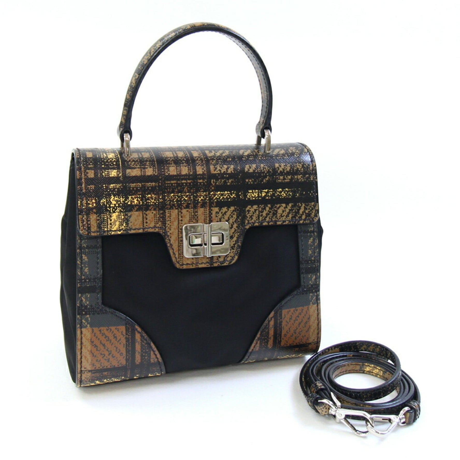 Prada Handbag 1BA014 Black Brown Nylon Leather Shoulder Bag Check Women's PRADA