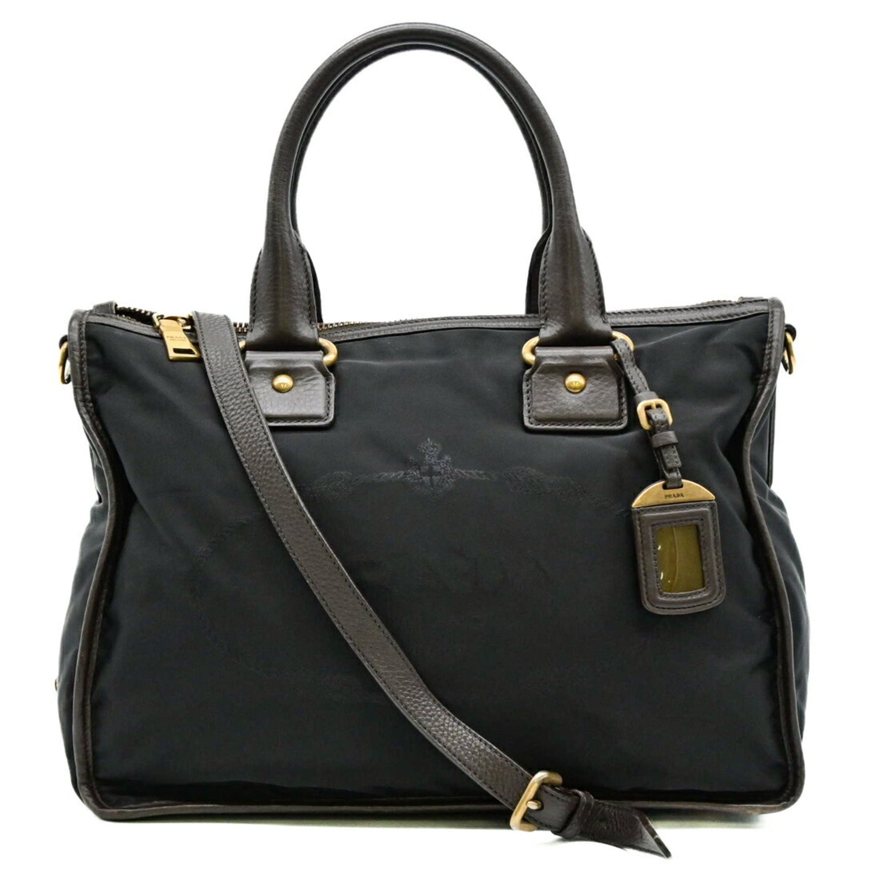 PRADA Jacquard Triangle Plate Shoulder Handbag Tote Nylon Brown
