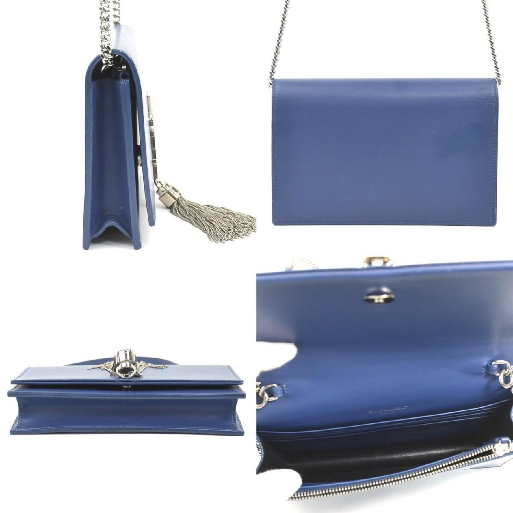 Saint Laurent shoulder bag with chain wallet in leather and metal, silver