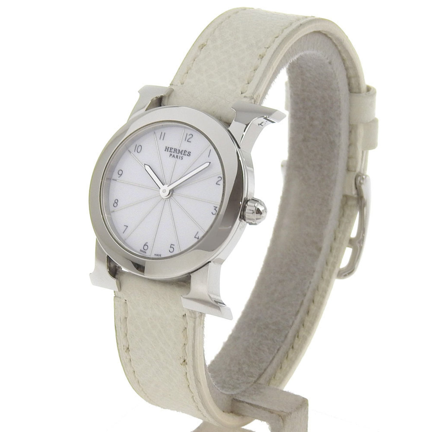 Hermes H Watch Rondo Wristwatch Stainless steel x embossed leather 2006 □J Quartz Analog display White dial Heure watch Ladies