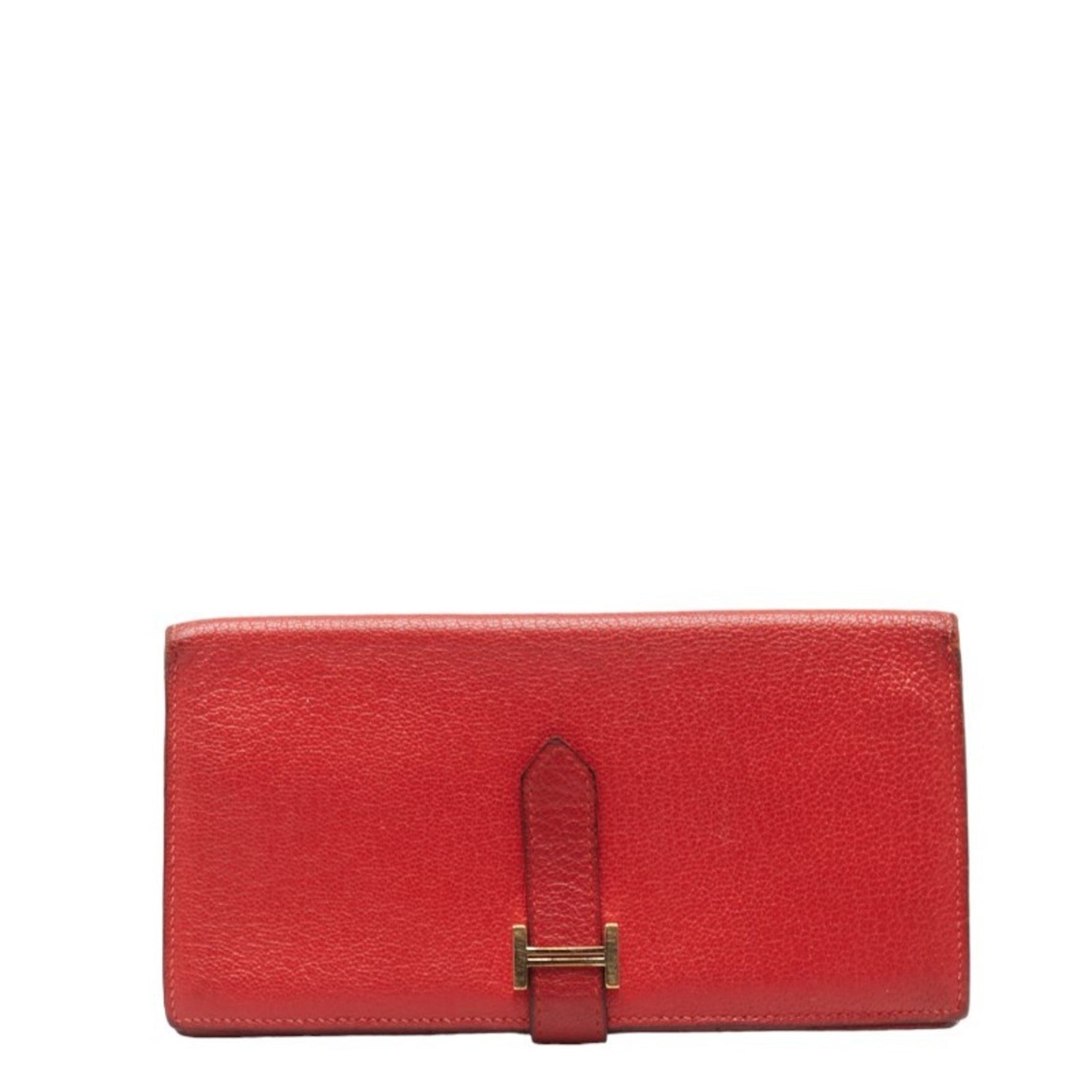 Hermes Bearn Soufflet Bi-fold Wallet Long Rouge Red Leather