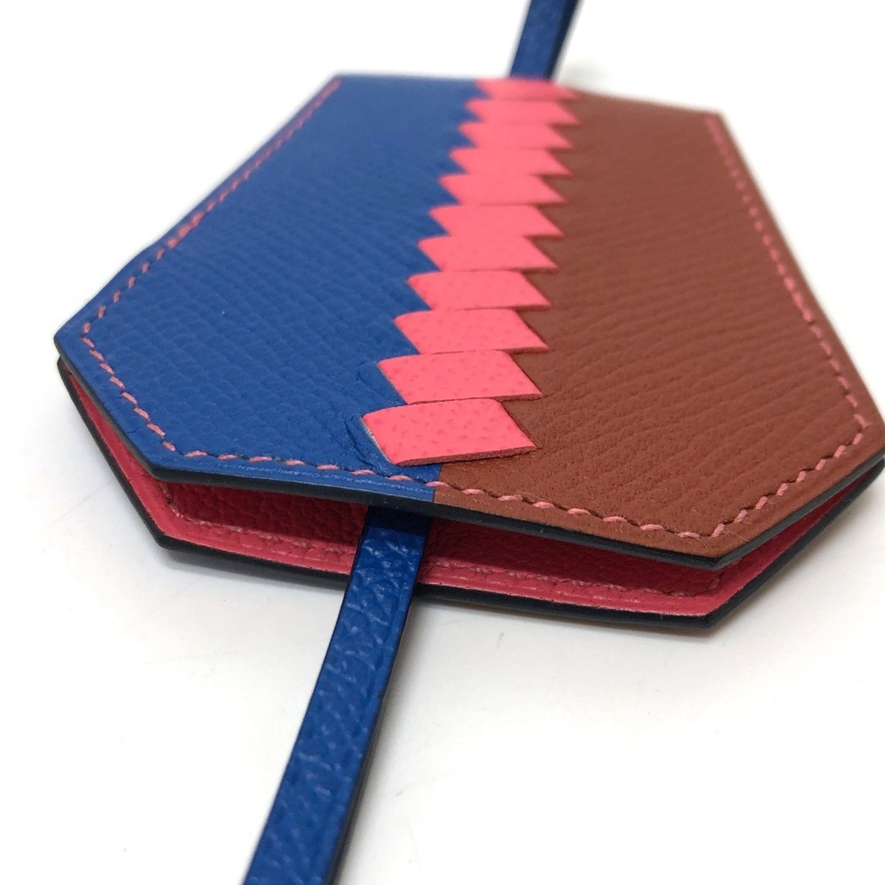 HERMES Hermès Clé Grand Trasage Crochet Key Ring, Epson, Brick x Bleu Zéliege Rose Azalee, Blue