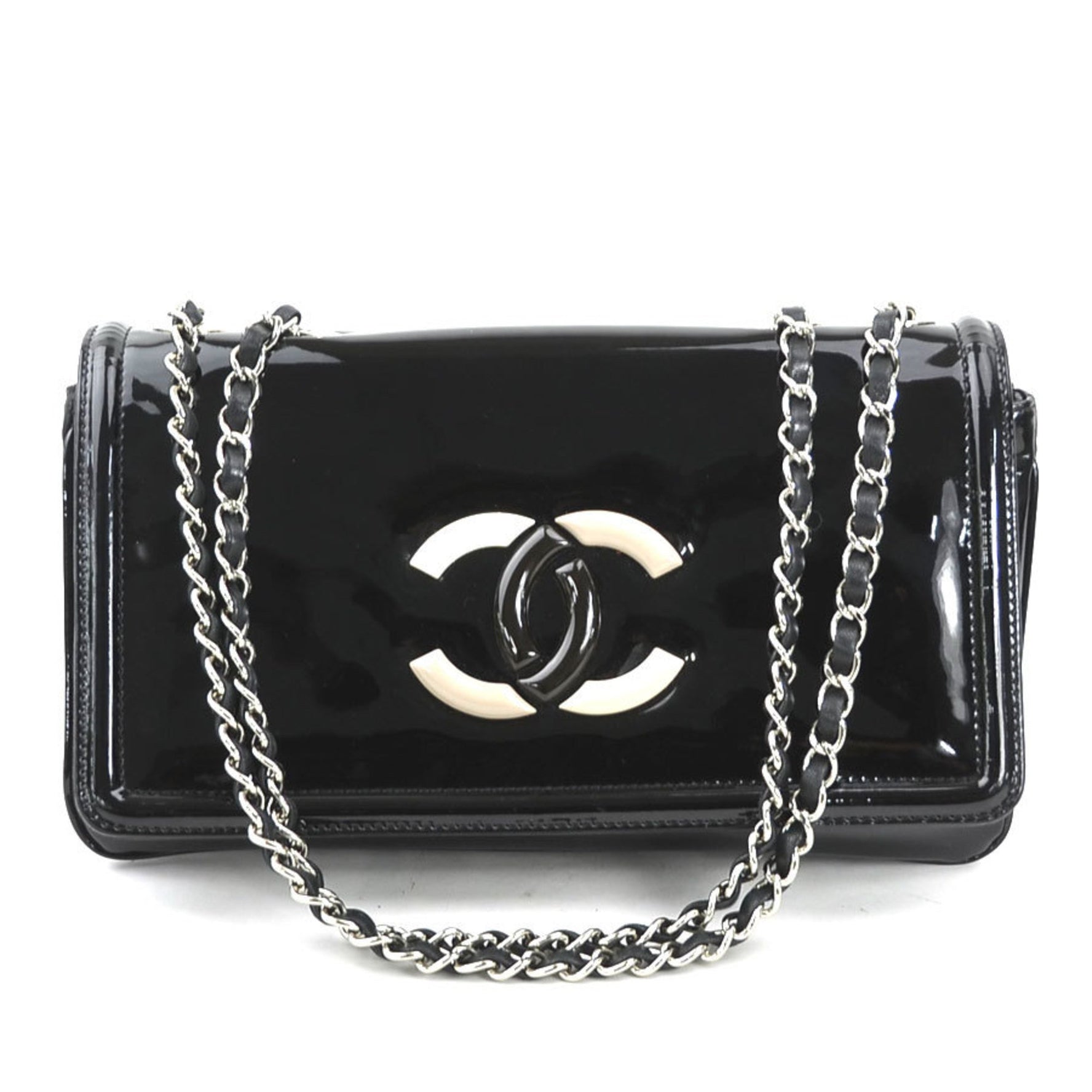 CHANEL Shoulder Bag Patent Leather Silver