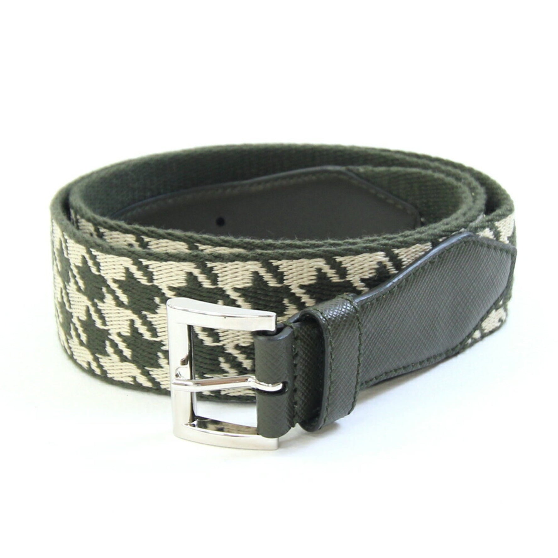 Prada Belt Khaki Ivory Canvas Leather Houndstooth