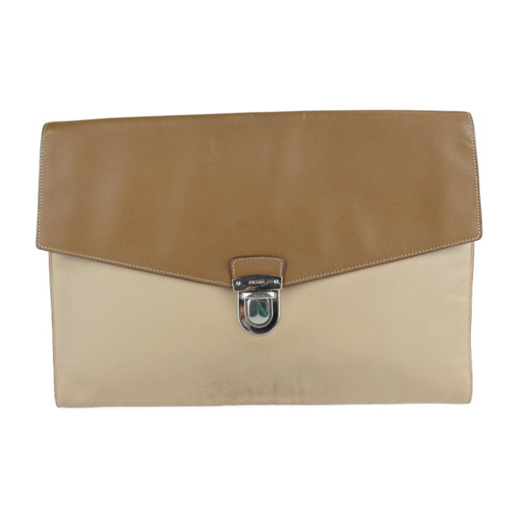 PRADA Pouch Clutch Bag Leather Beige Brown Second Flap