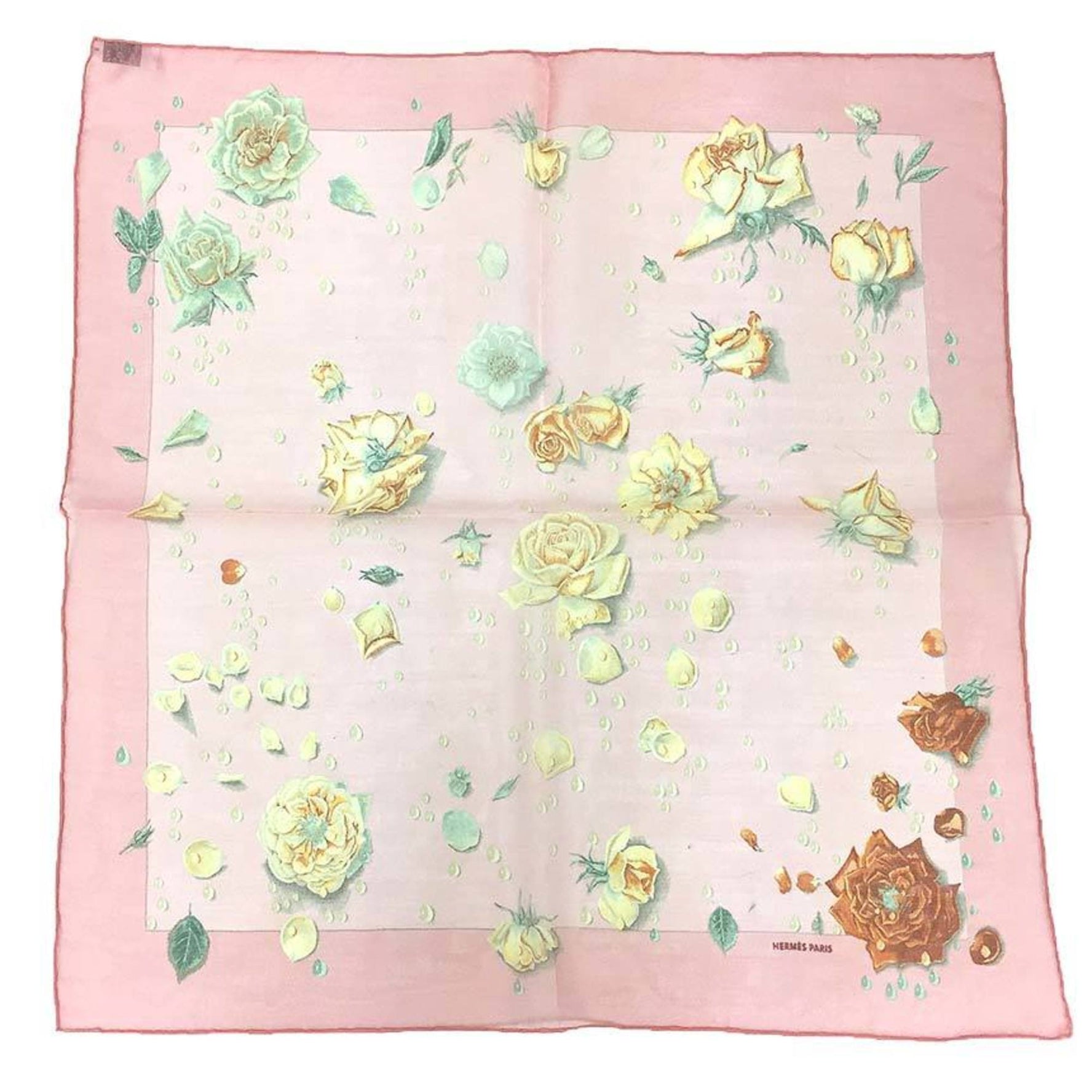 HERMES Scarf/Muffler, Carré 45, La Rosse, Dewdrop Rose Flower, Silk Muslin, Chiffon