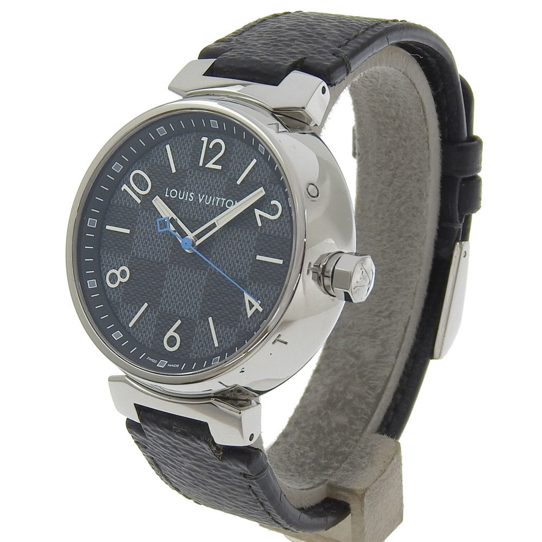 Louis Vuitton Tambour GM Watch Stainless Steel x Monogram Eclipse Canvas Quartz Analog Display Black Dial