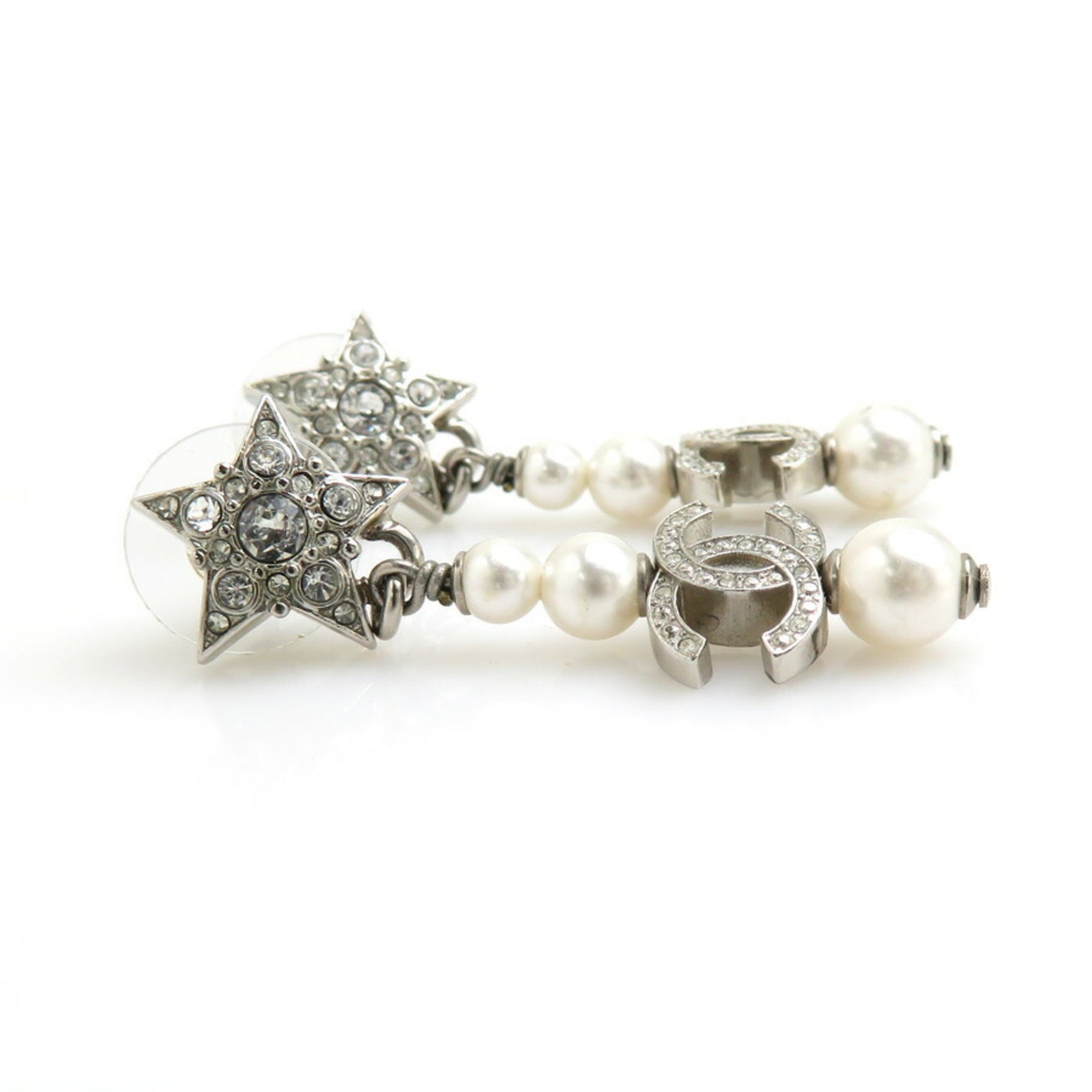 CHANEL Earrings, Metal, Faux Pearl, Silver x White