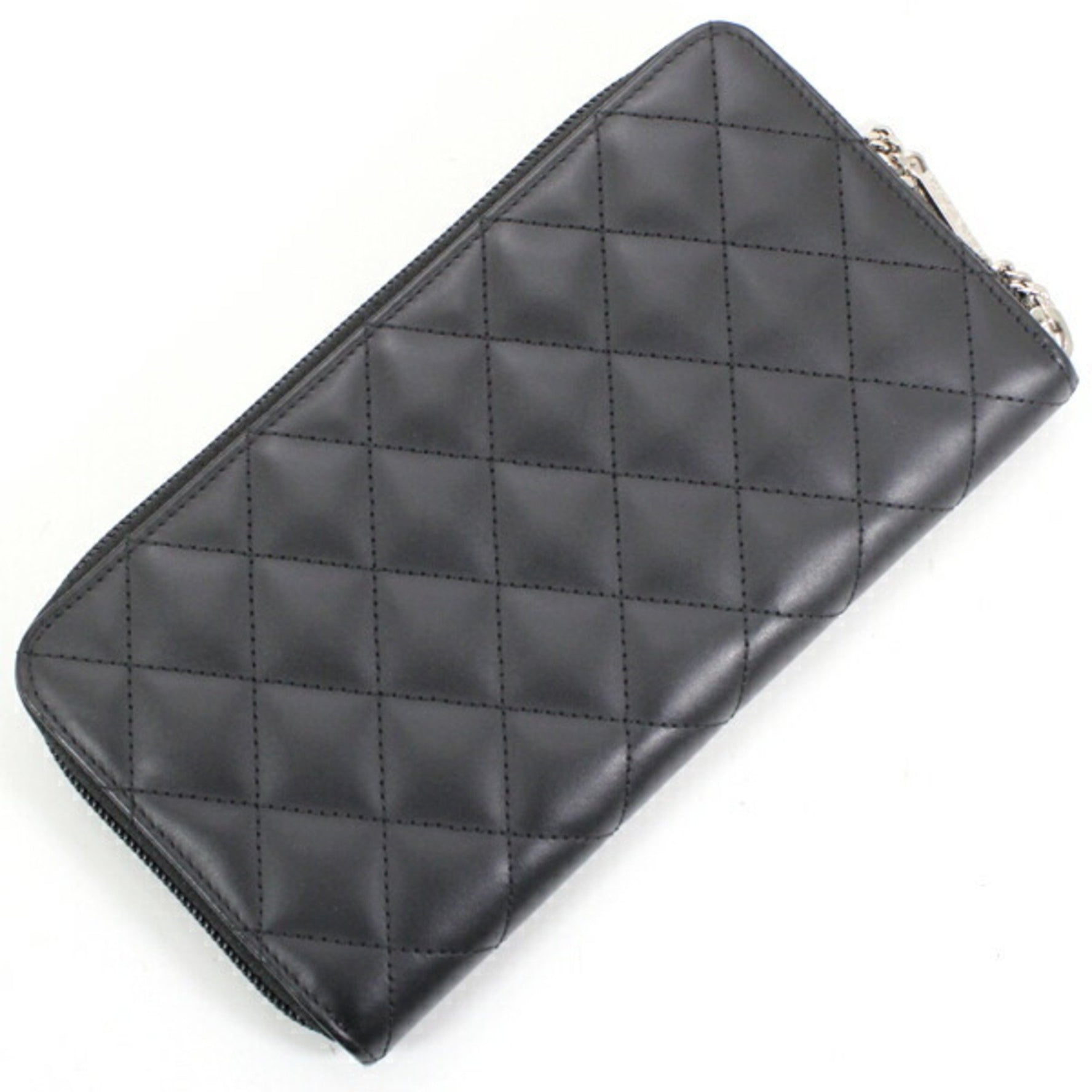 Chanel Long Wallet Cambon Line Calf Leather Enamel Black Pink Round Matelasse Coco Mark Quilted Coin Purse Zip