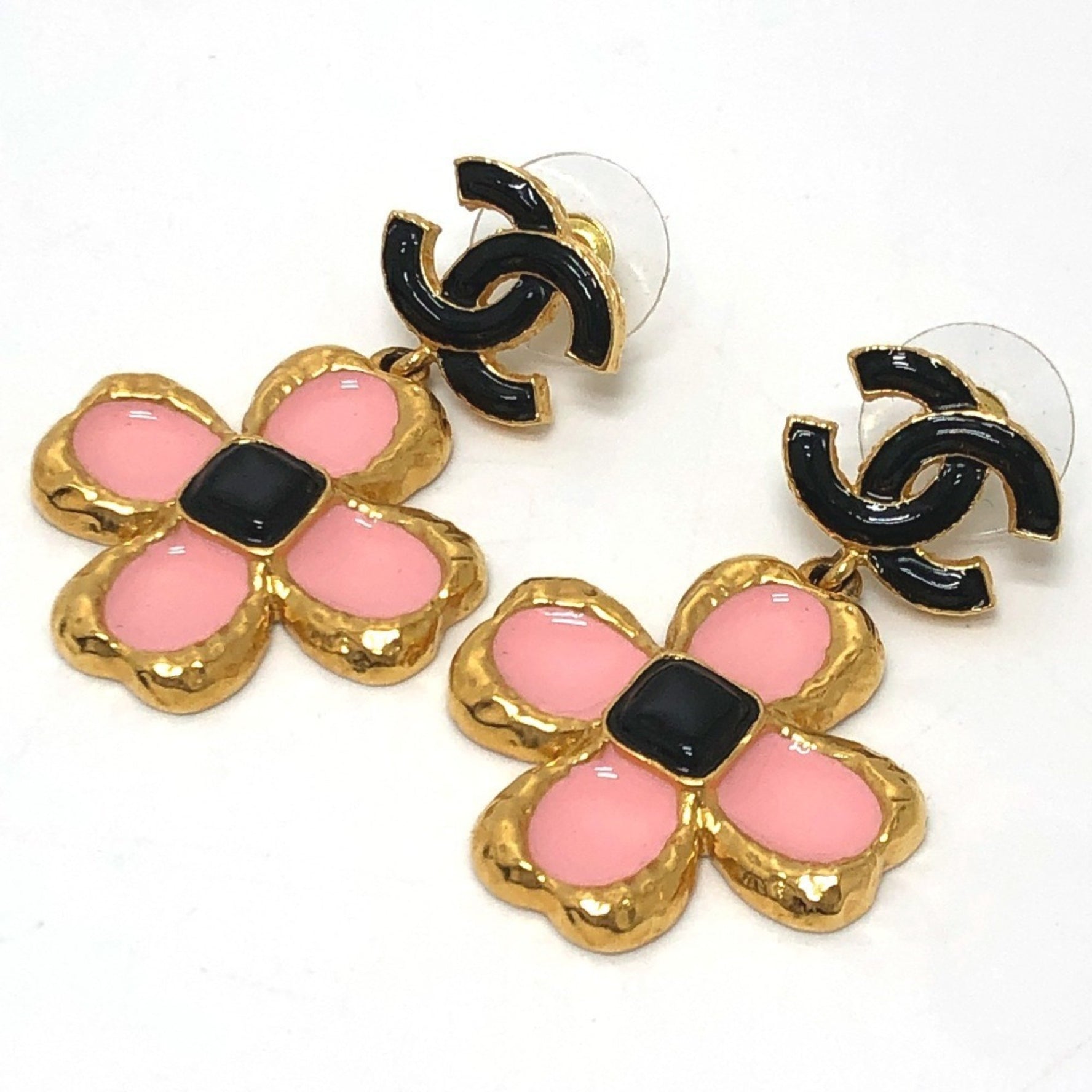 CHANEL Coco Mark Flower Jewelry Earrings/Piercings, Metal, Pink x Black and Gold, Like New
