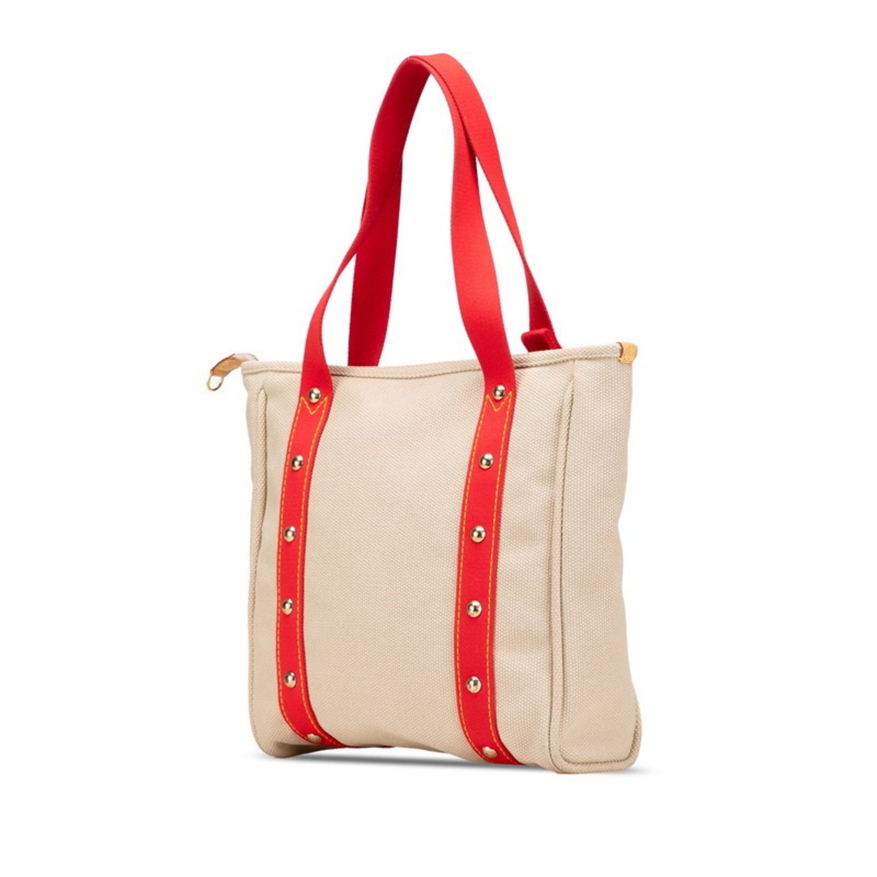 Louis Vuitton Antigua Cabas MM Tote Bag Shoulder Red Beige Canvas Leather LOUIS VUITTON