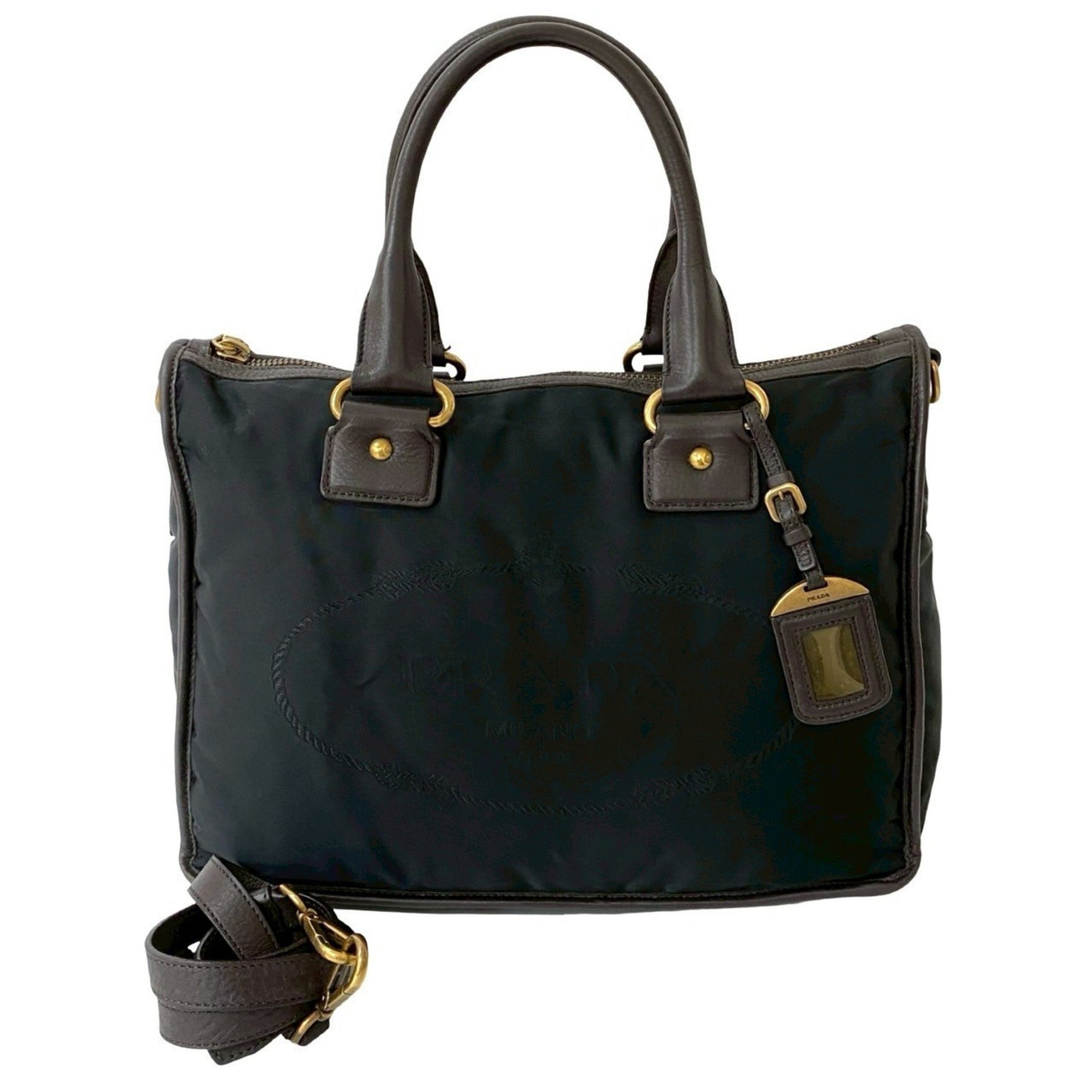 PRADA Triangle Logo Hardware Nylon Leather Genuine Handbag Mini Boston Bag Shoulder Black