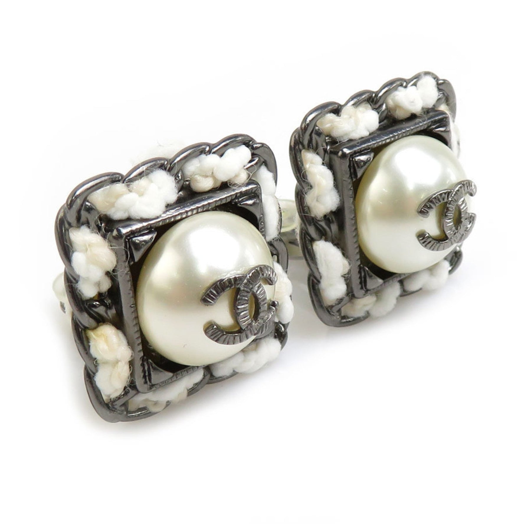 CHANEL Earrings Coco Mark Metal Faux Pearl Gunmetal White