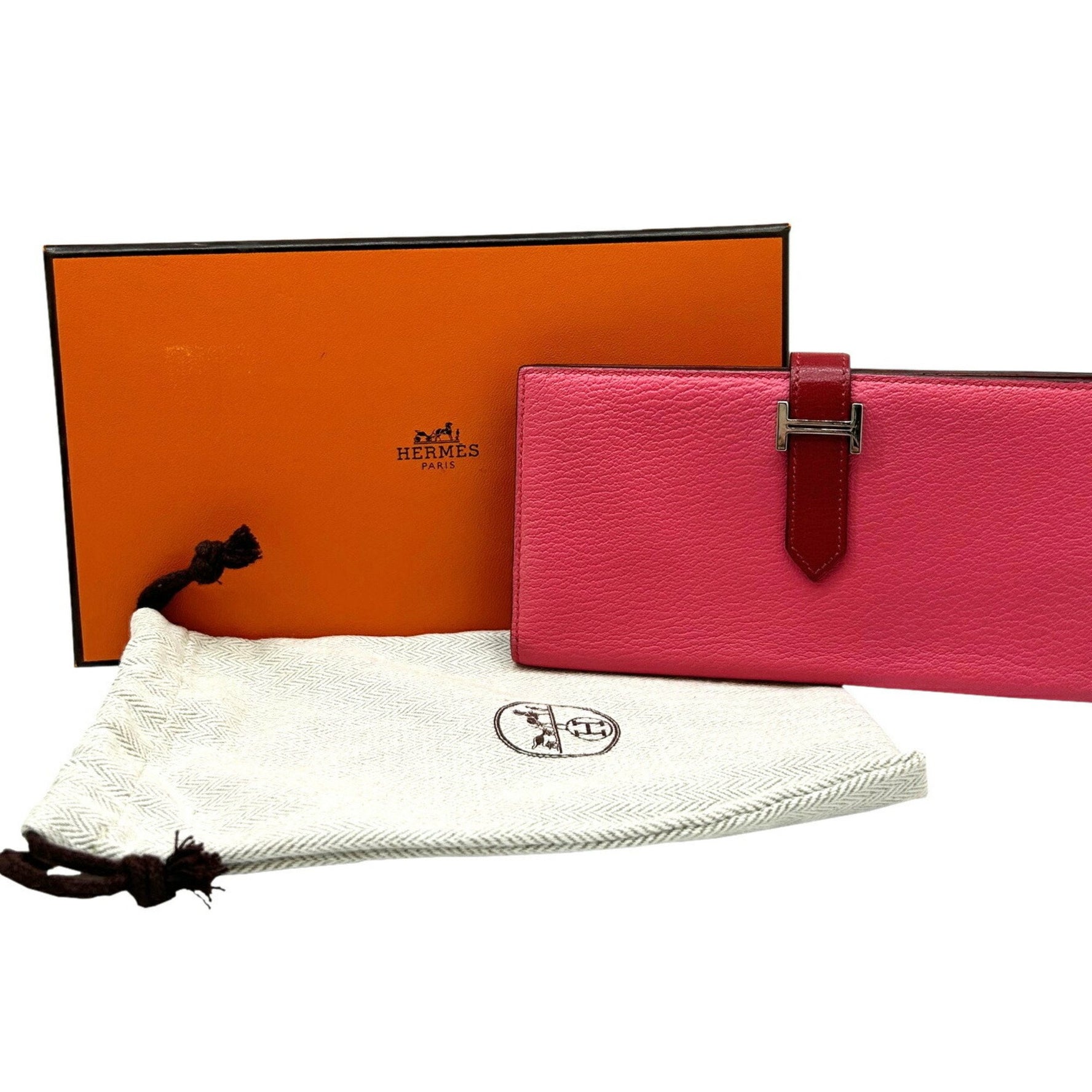 HERMES Long Wallet Bearn Soufflet Verso Chevre Rose Lipstick Rouge Garance Q□ Engraved 2013 Bicolor Men's
