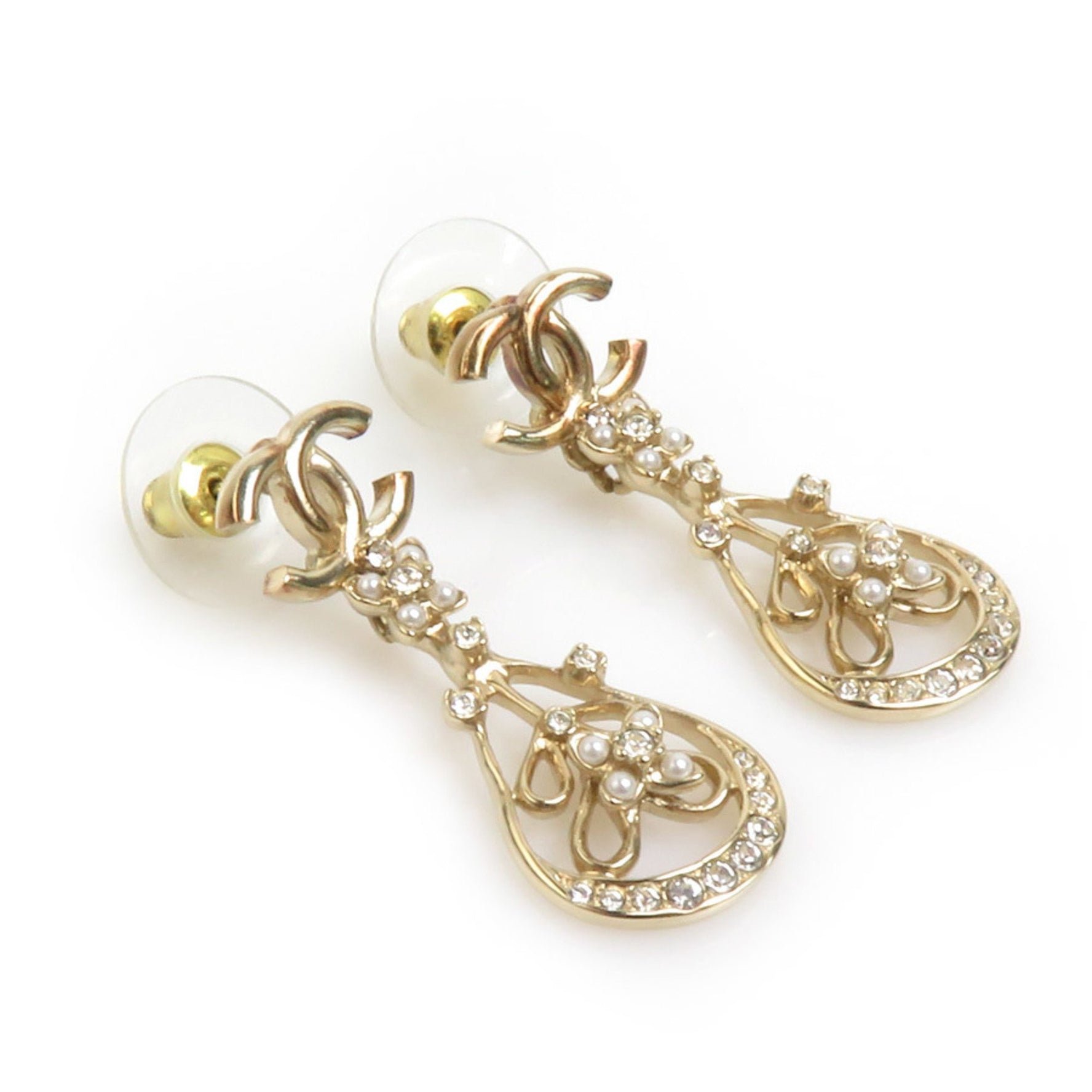 CHANEL Coco Mark Metal Rhinestone Gold Silver Earrings