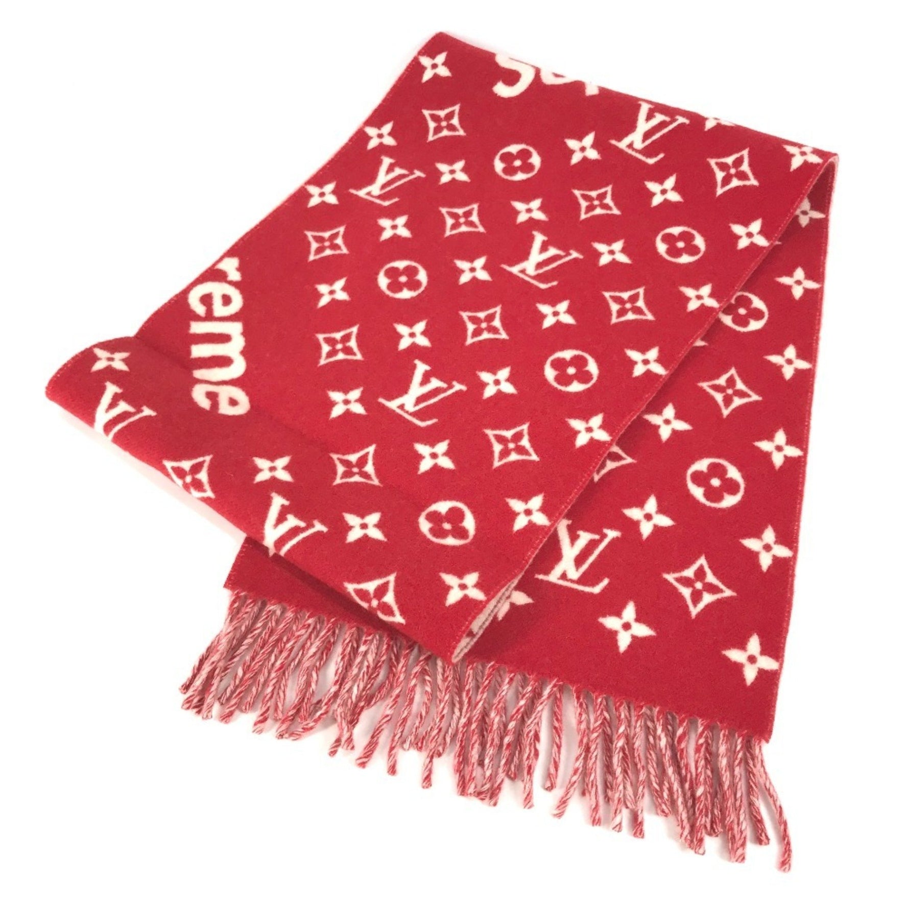 Louis Vuitton Supreme collaboration fringe scarf wool cashmere men's red