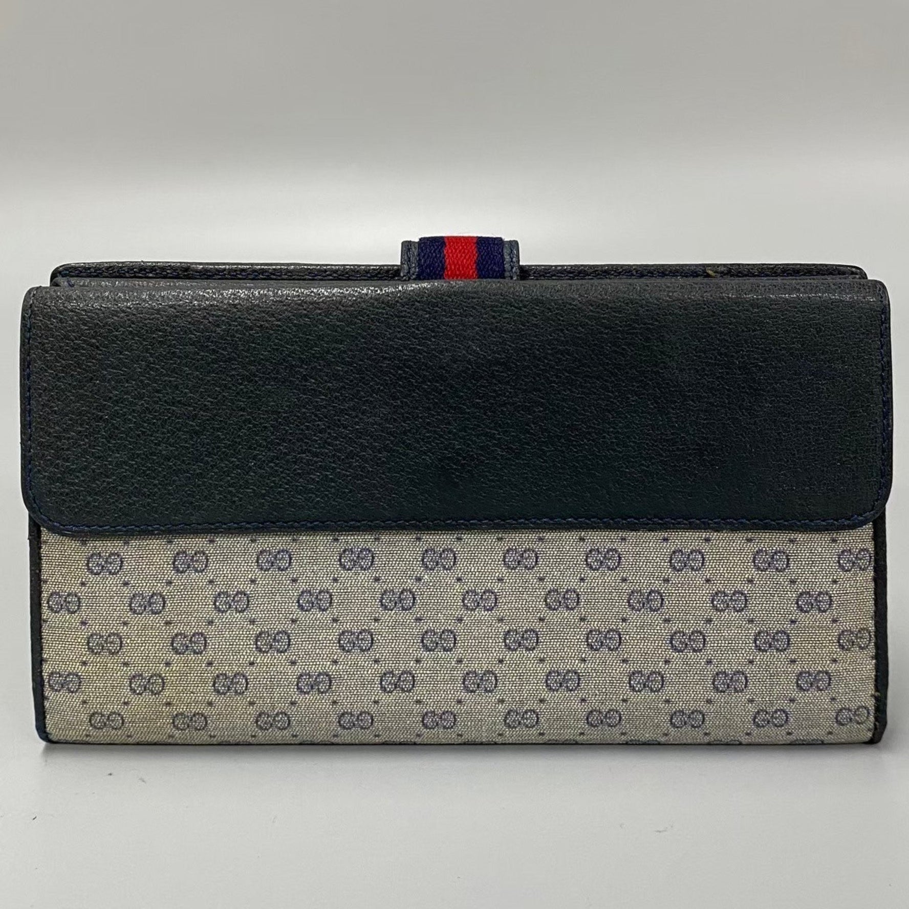 GUCCI Old Sherry Line Micro GG Pattern Leather Bi-fold Long Wallet Navy
